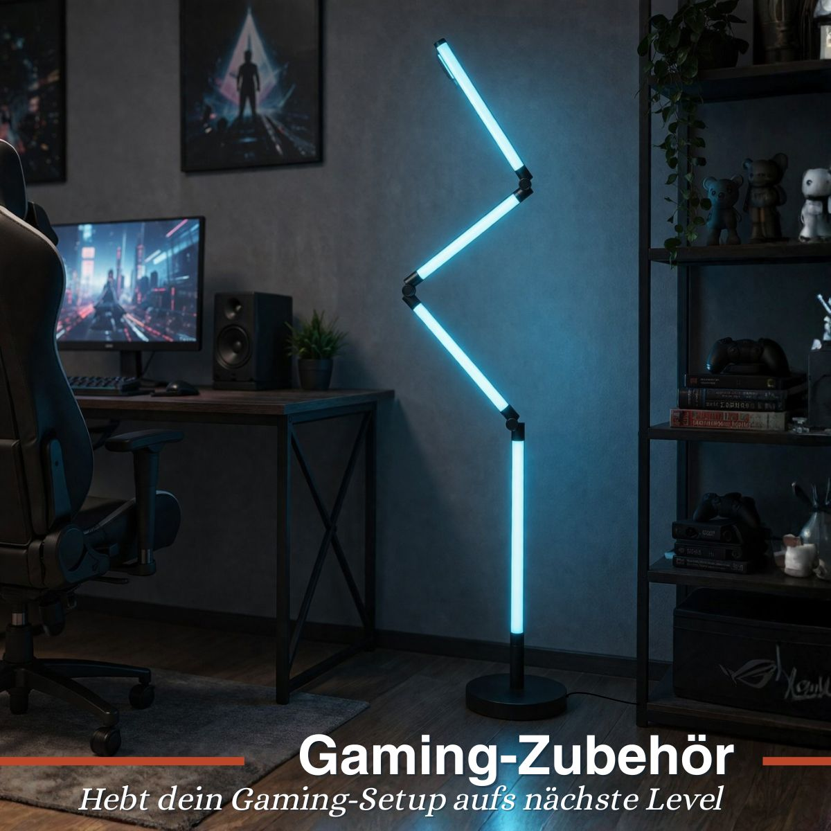 Een moderne gamingruimte met een computeropstelling en een hoge, zigzaggende blauwe LED-staande lamp.