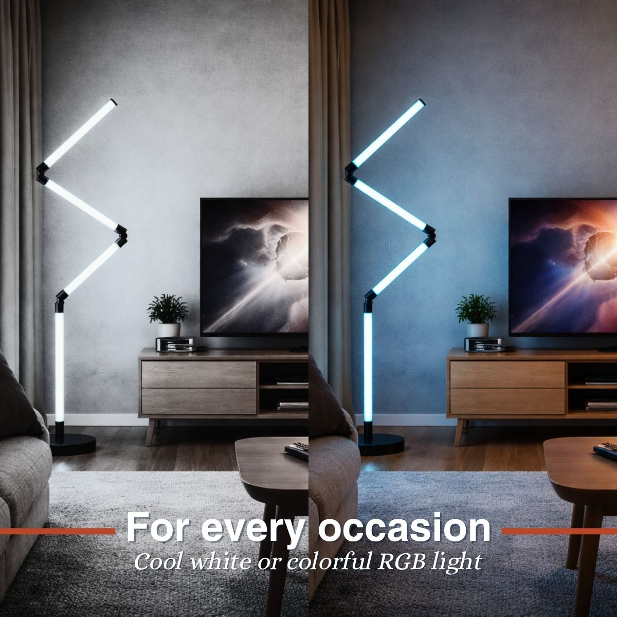 Een moderne Z-vormige staande lamp met wit of blauw licht naast een tv.