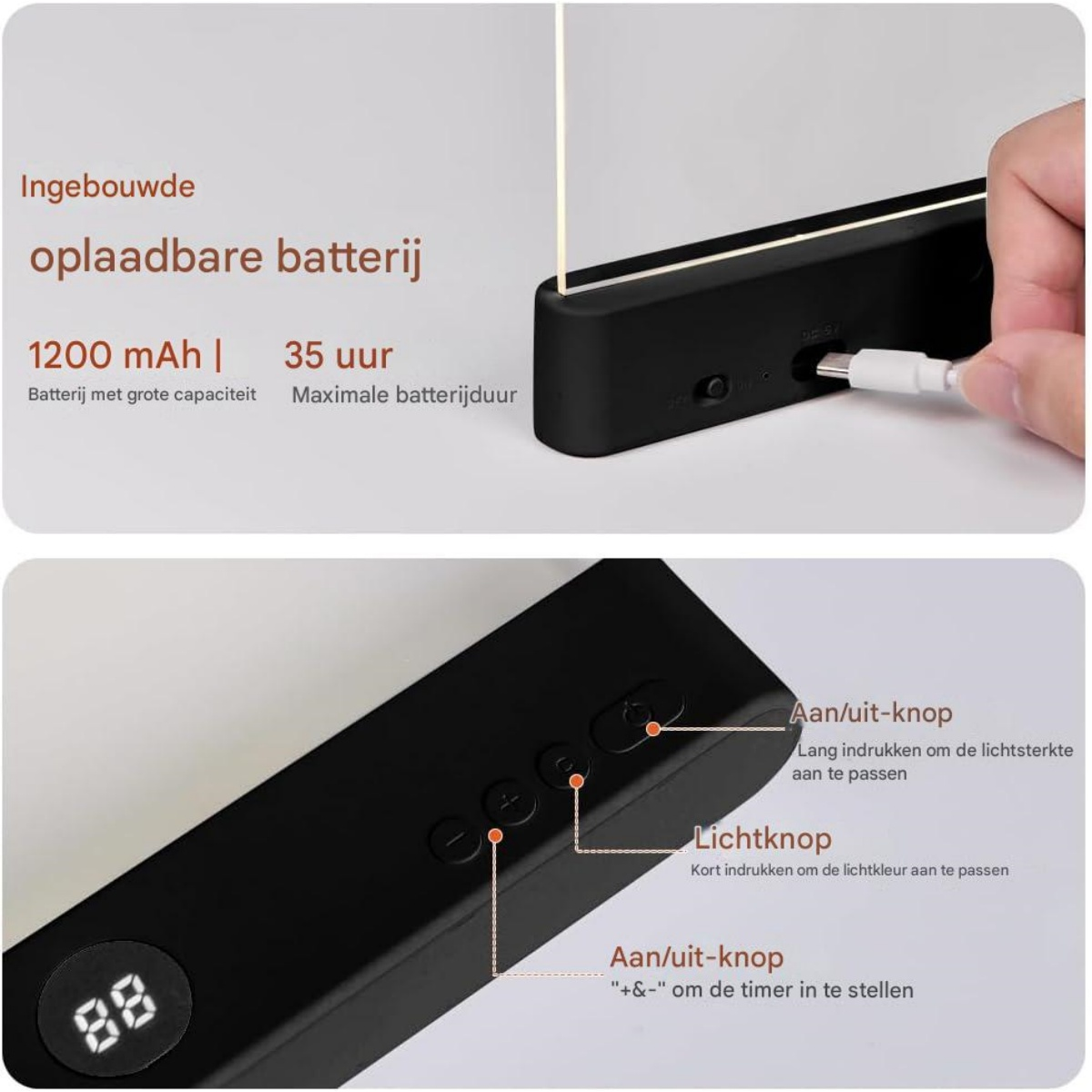 Ein schwarzes Gerät mit Beschriftungen, das eine wiederaufladbare Batterie und Bedienelemente zeigt.