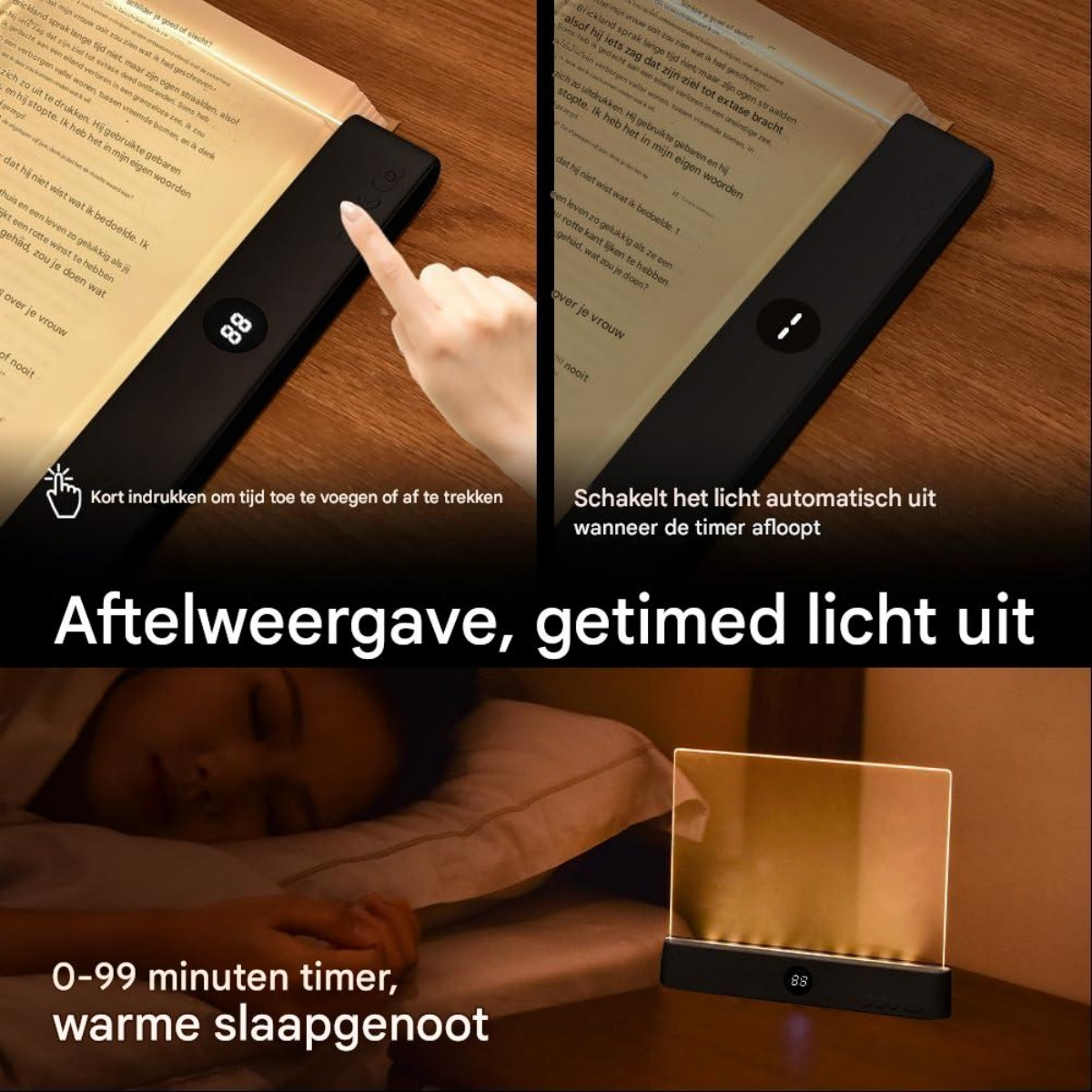 Ein Buchlicht mit Timer, das auf einem Nachttisch leuchtet, während ein Kind schläft.