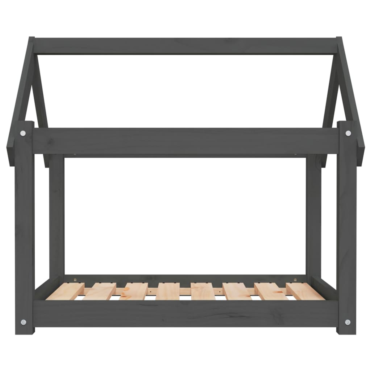 Ein graues Hausbettgestell aus Holz mit Lattenrost und weißem Hintergrund.