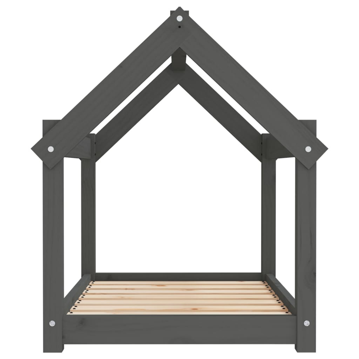 Ein graues Hausbettgestell aus Holz mit Lattenrost, freistehend vor weißem Hintergrund.