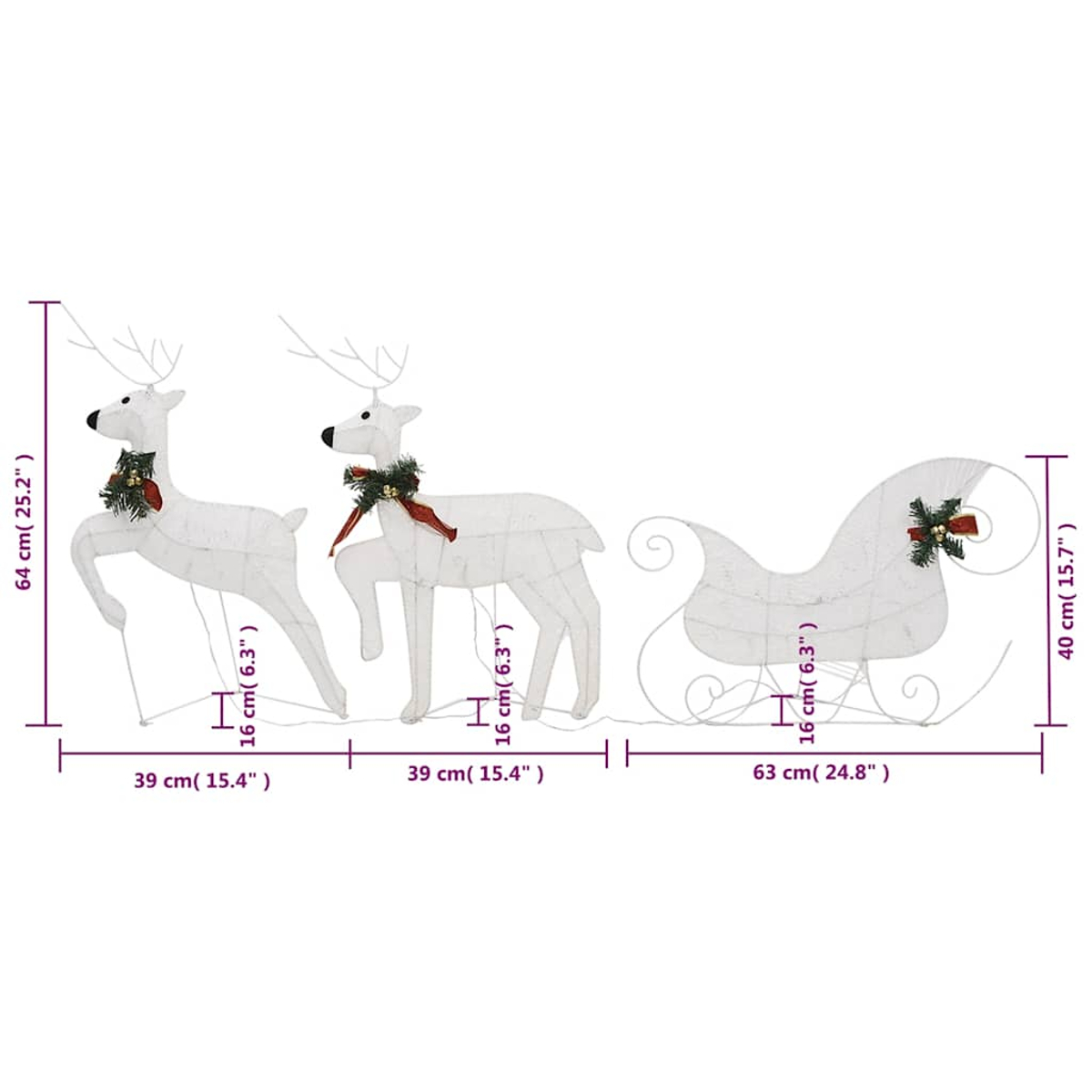 Dekorative Rentier- und Schlitten-Weihnachtsdekoration, weiß, mit roten Schleifen.