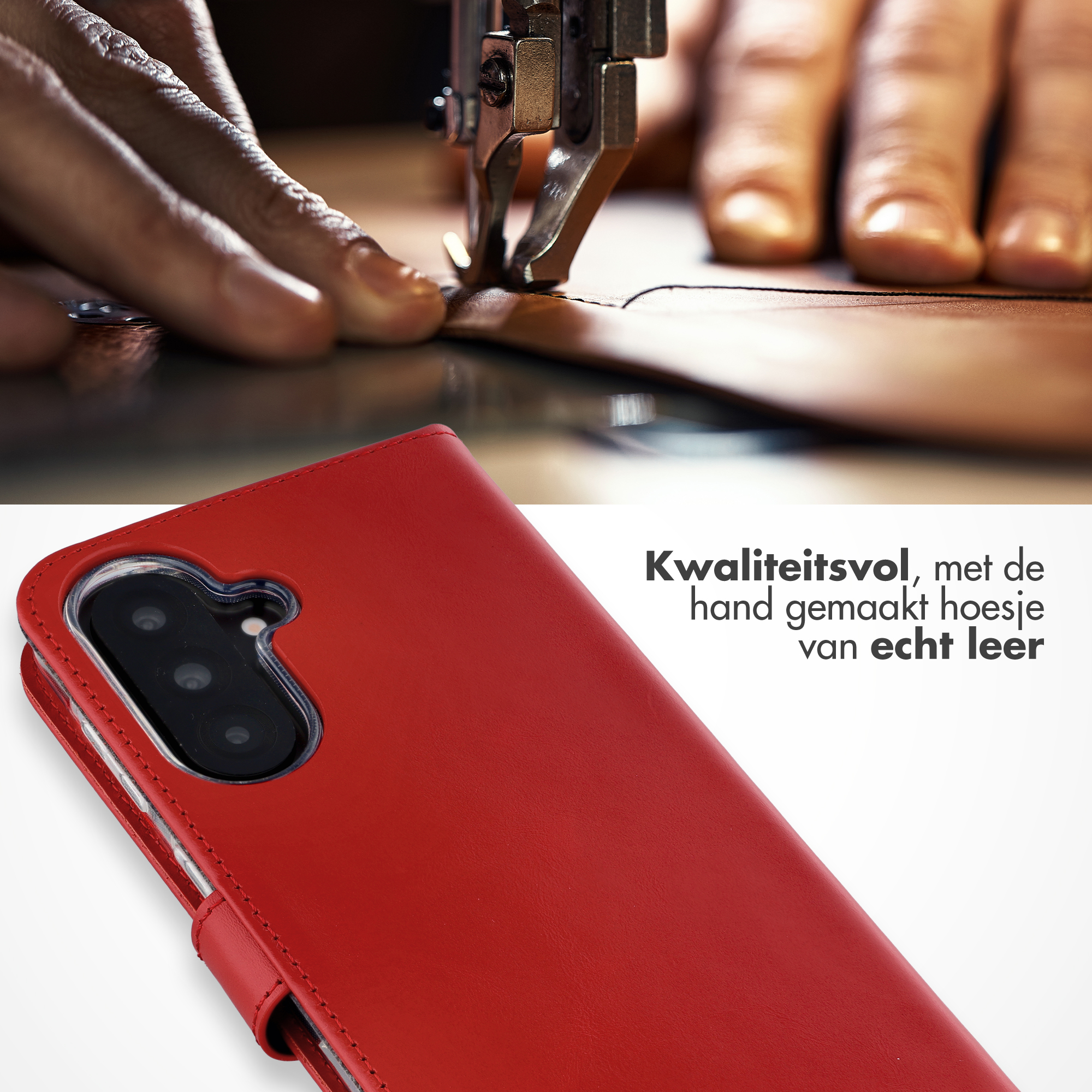 Handen naaien rood leer voor telefoonhoesje op naaimachine.