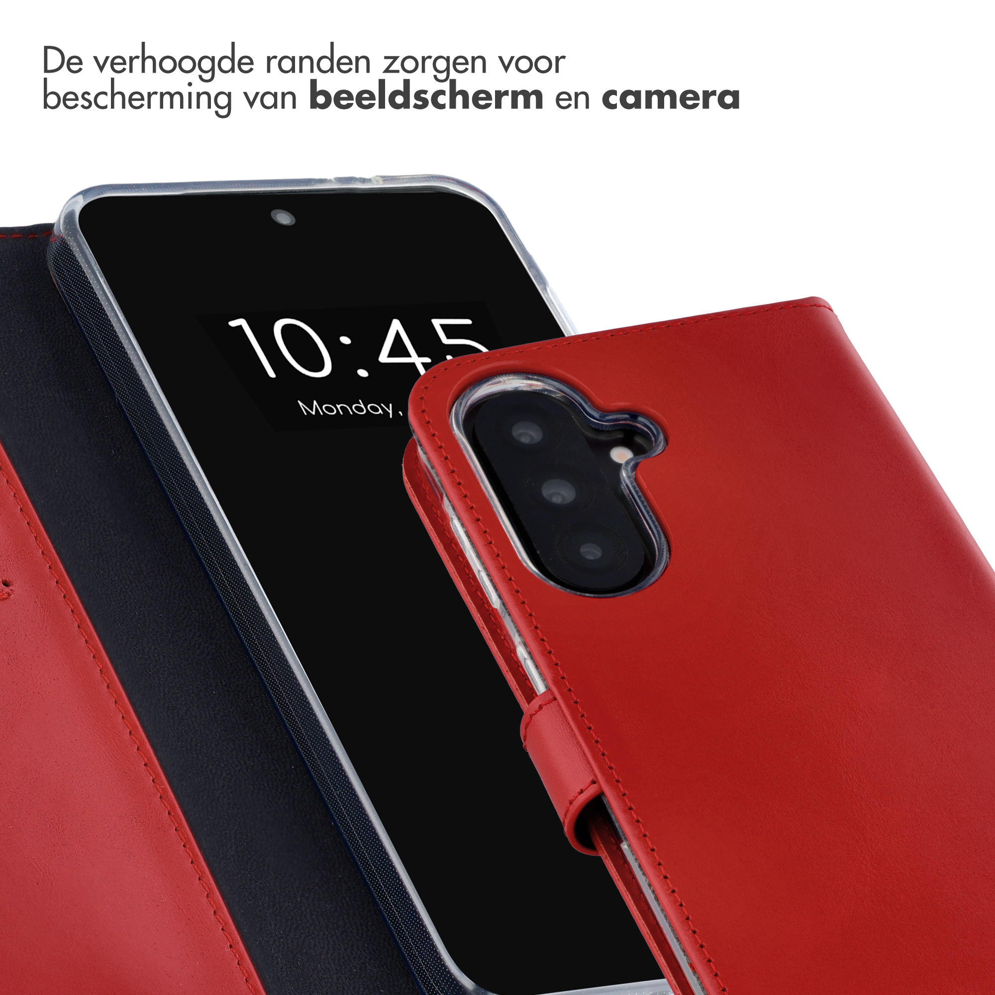 Een rode leren flipcase voor een smartphone met zwart scherm dat de tijd toont.
