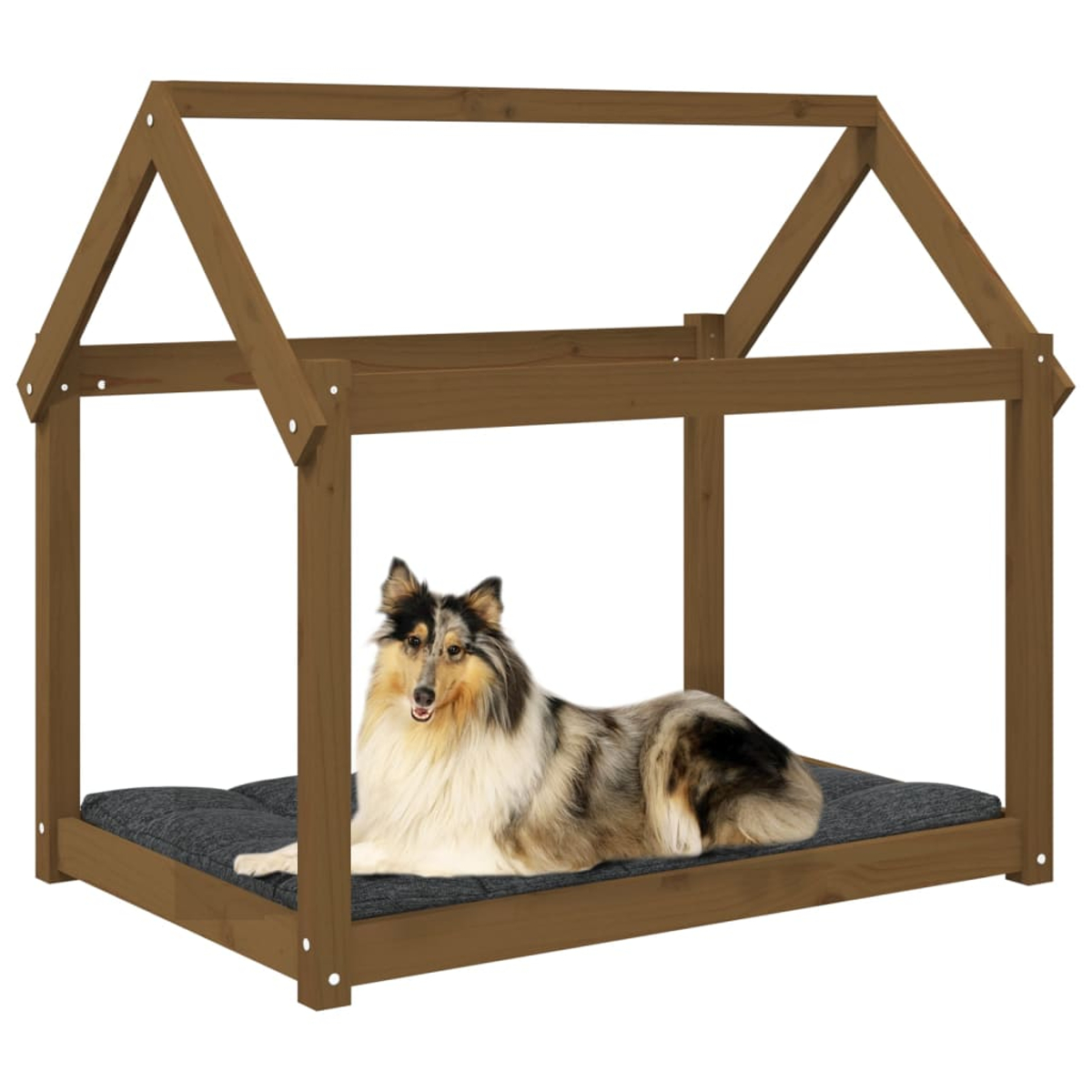 Ein Collie liegt auf einem dunklen Kissen in einem braunen Holzhaus für Haustiere.