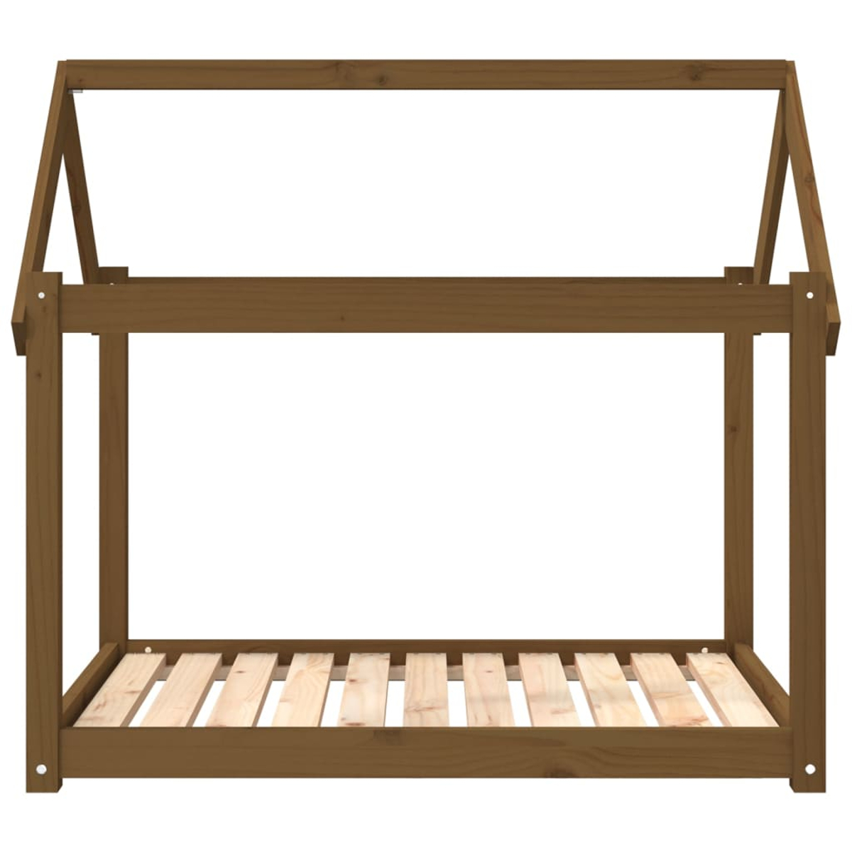 Ein braunes Holzhausbettgestell mit Lattenrost, ohne Matratze.