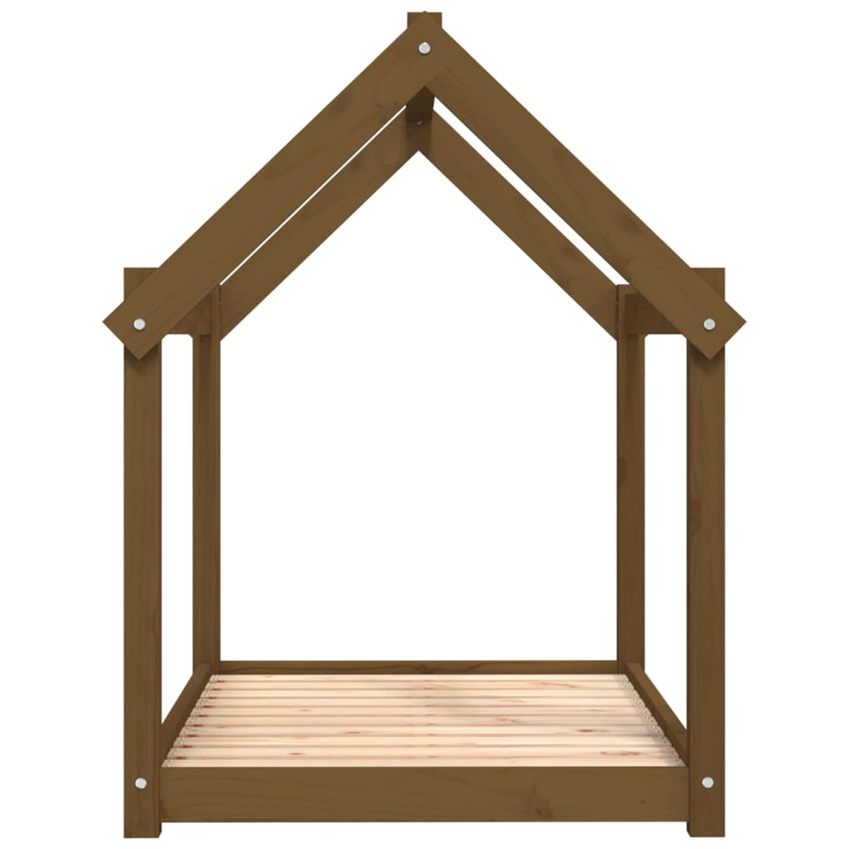 Ein braunes Holz-Hausbettgestell mit Lattenrost, vorne offener Eingang.