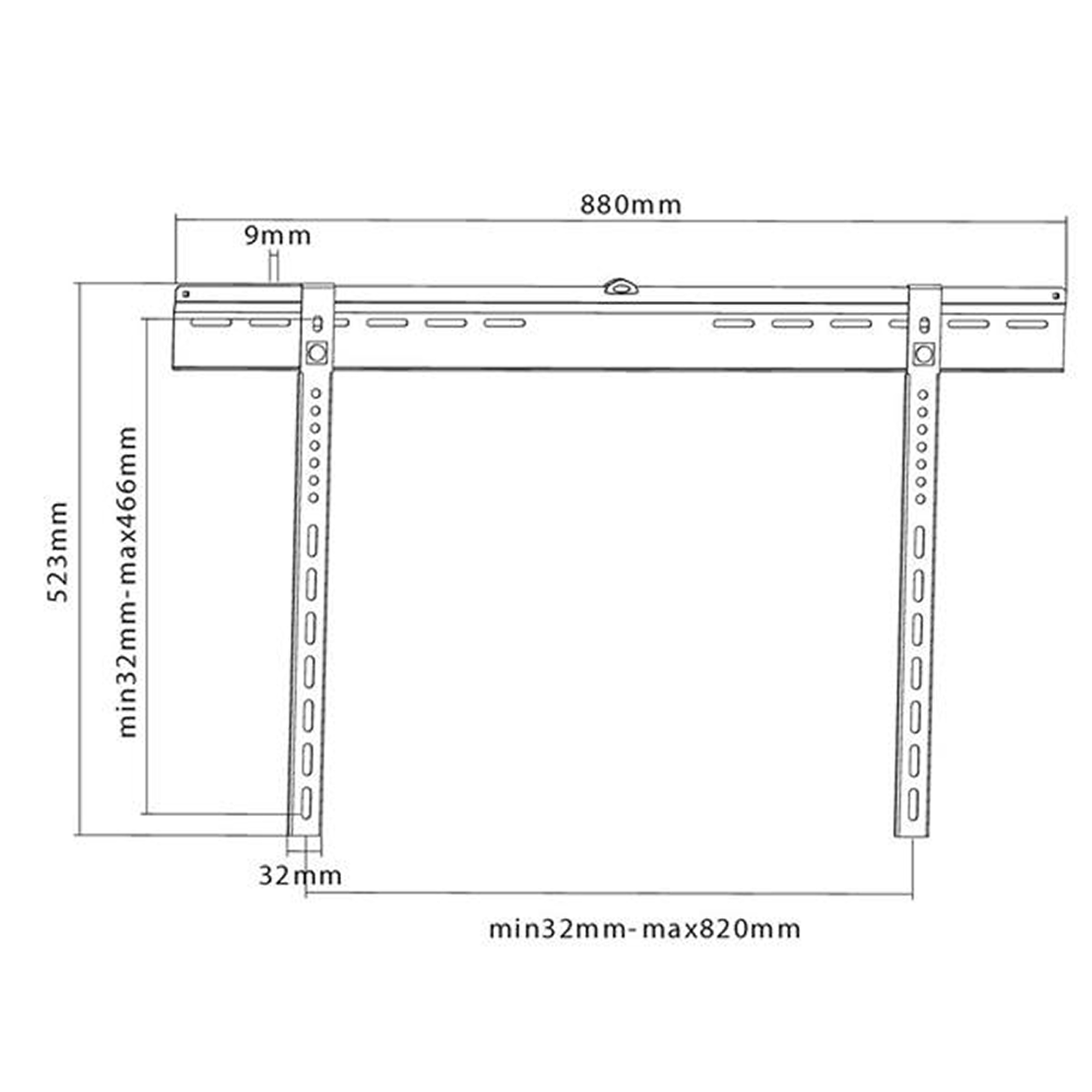 Technische Zeichnung einer TV-Wandhalterung mit Maßen 880 mm Breite, 523 mm Höhe.