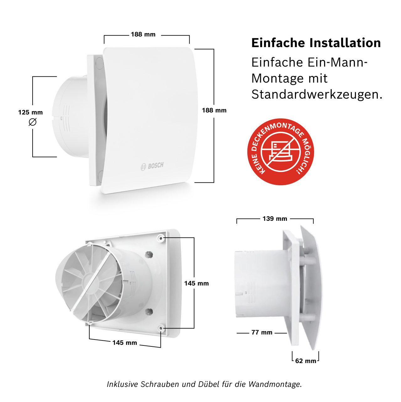Technische Zeichnung eines weißen Bosch Lüfters mit Maßen.