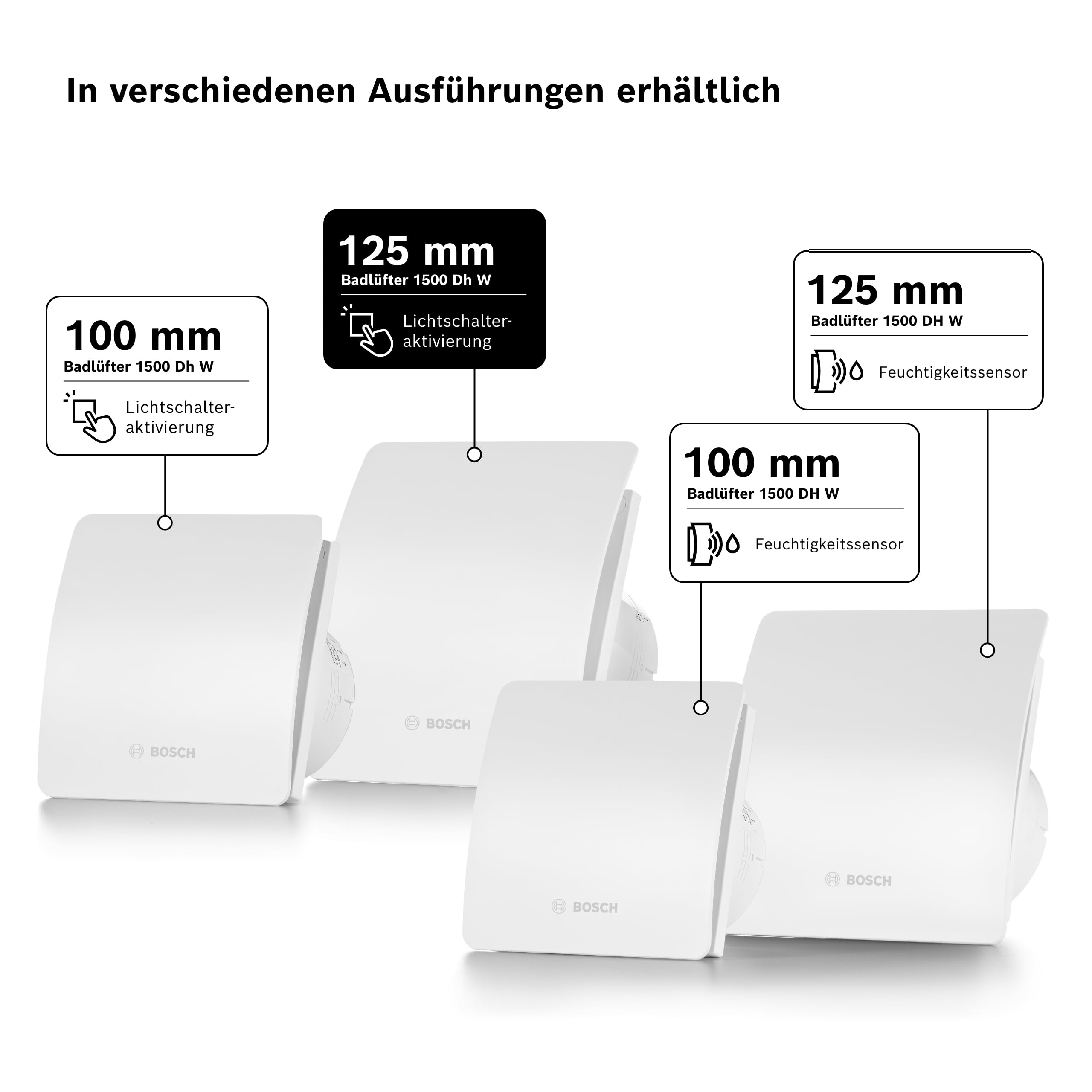 Weiße Bosch Lüfter in 100 und 125 mm, mit Lichtschalter- oder Feuchtigkeitssensor.