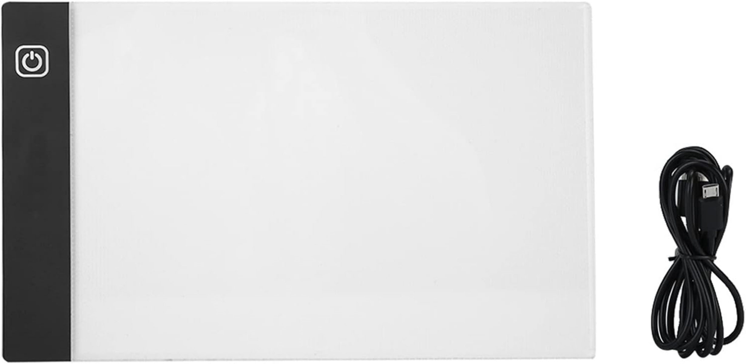 Ein weißes Leuchtpad mit schwarzem Rand und einem Netzschalter-Symbol.