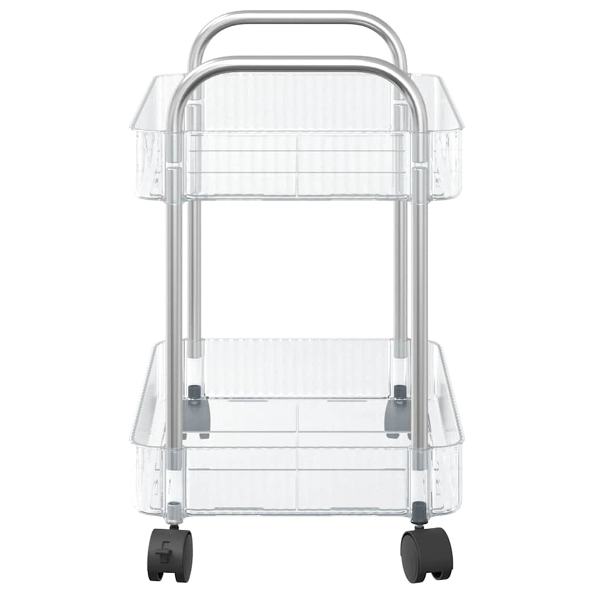 Ein zweistöckiger, durchsichtiger Wagen mit silbernem Rahmen und Rädern.