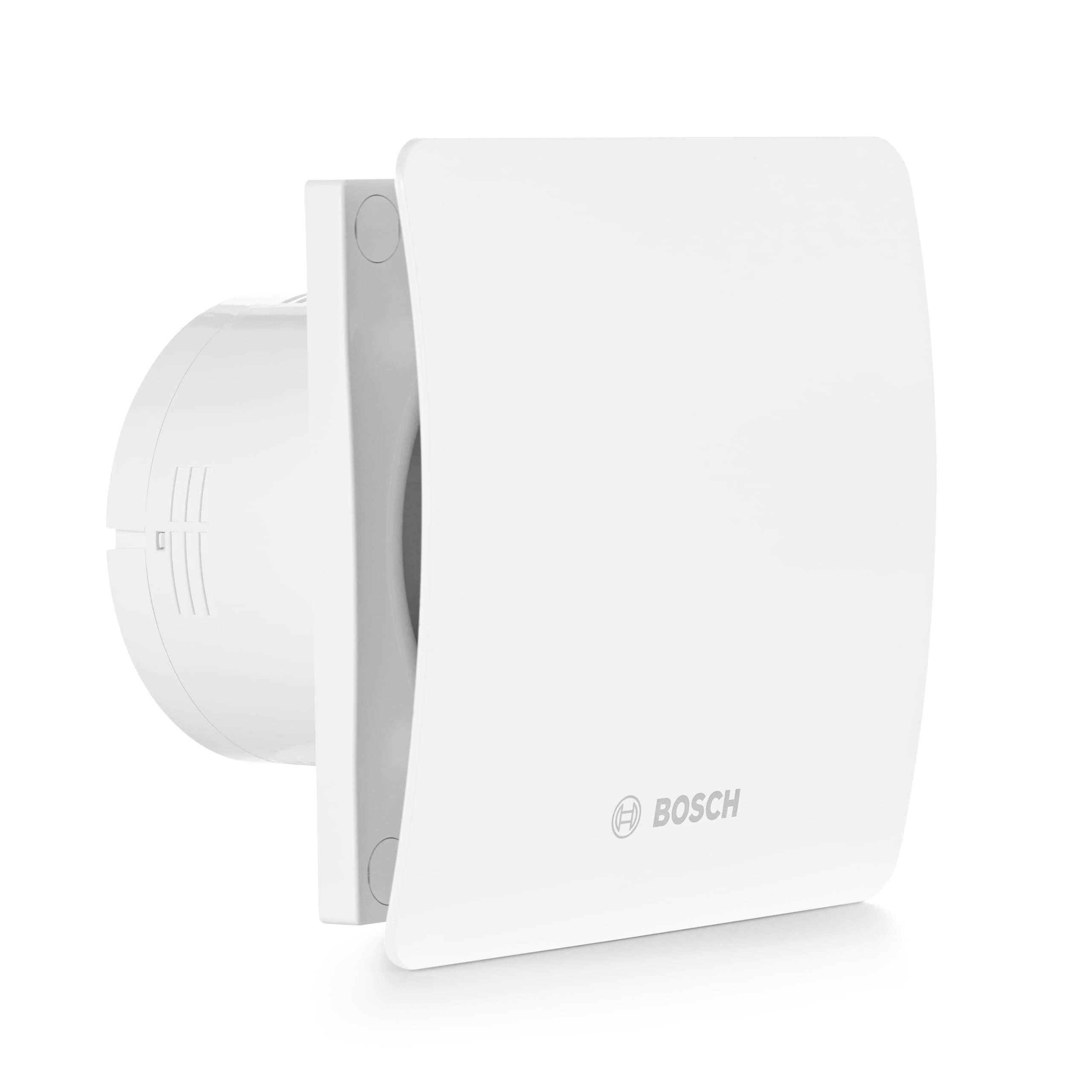 Un ventilatore da bagno Bosch bianco con condotto circolare e piastra frontale quadrata.