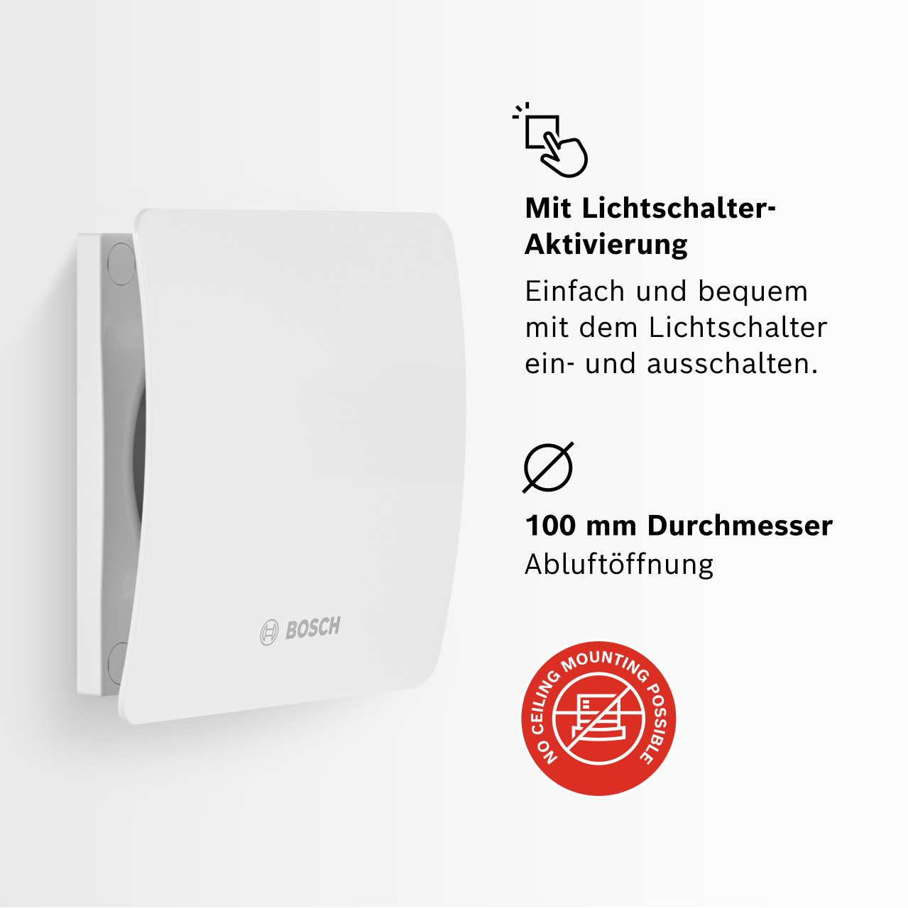 Unità di ventilazione Bosch bianca con attivazione interruttore luce e uscita aria 100mm.