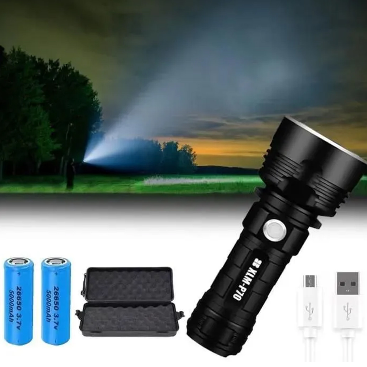 Schwarze Taschenlampe, zwei blaue Batterien, Koffer und USB-Kabel auf weißer Fläche.