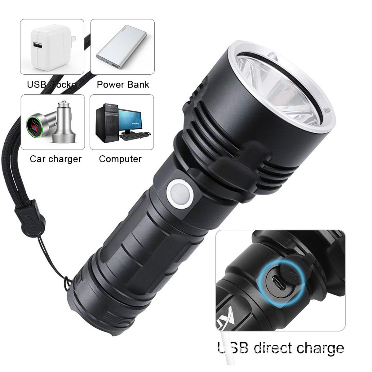 Eine schwarze Taschenlampe mit einem USB-Anschluss, daneben werden ein Netzteil, Powerbank, Autoladegerät und Computer angezeigt.