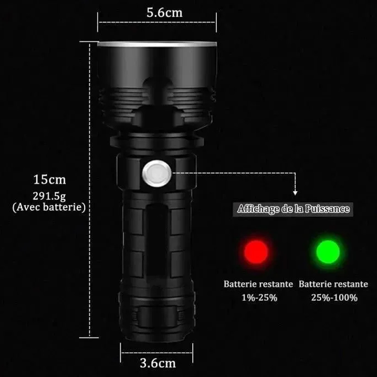 Eine schwarze Taschenlampe mit Größen- und Gewichtsangaben und zwei Batteriestandsanzeigen.