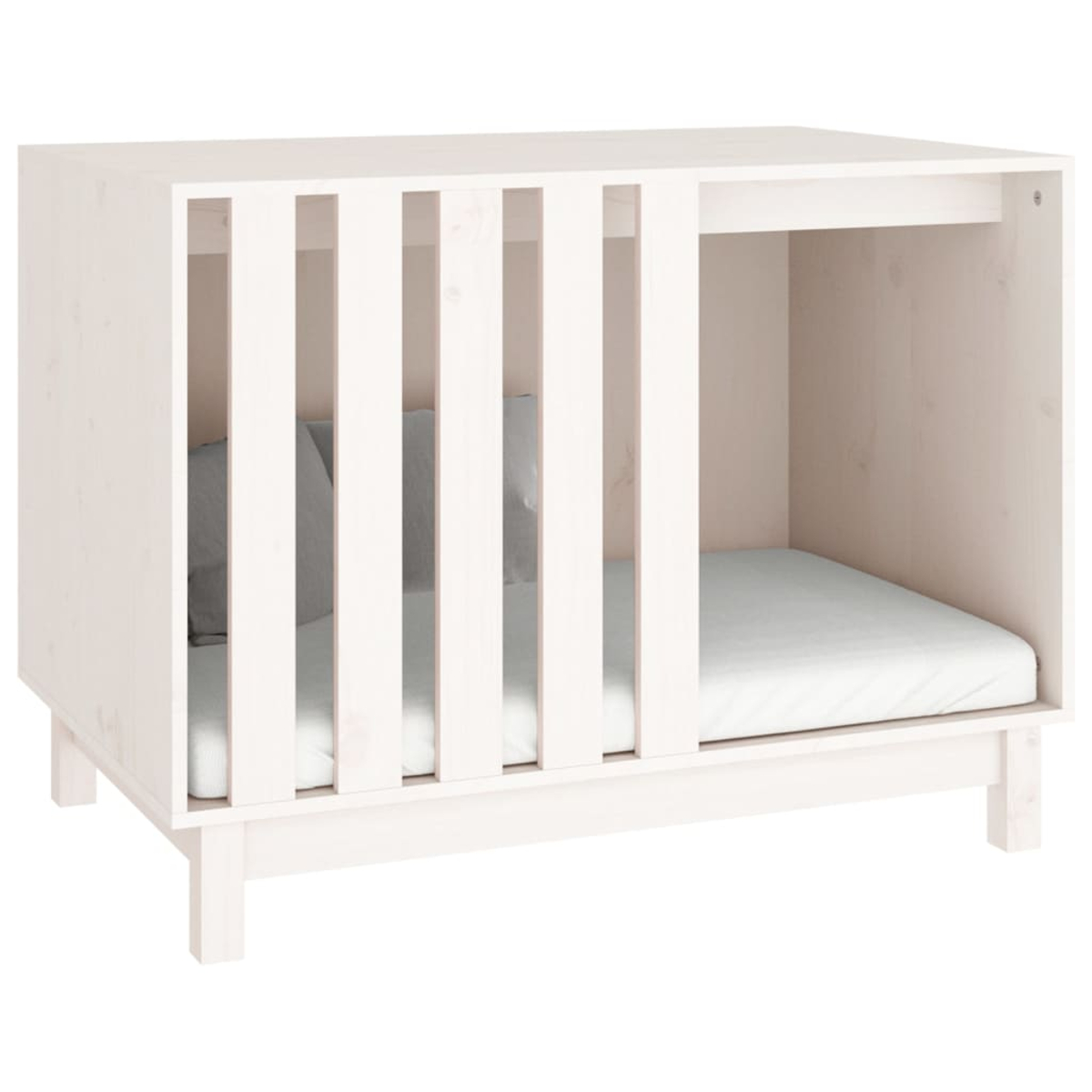 Ein weißes Kinderbett mit zwei Bereichen, eines mit Kissen, das andere mit Matratze.