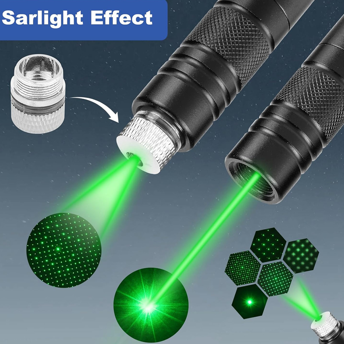 Grüner Laserstrahl mit verschiedenen Mustern, die von einer schwarzen Laserpointer-Einheit projiziert werden.