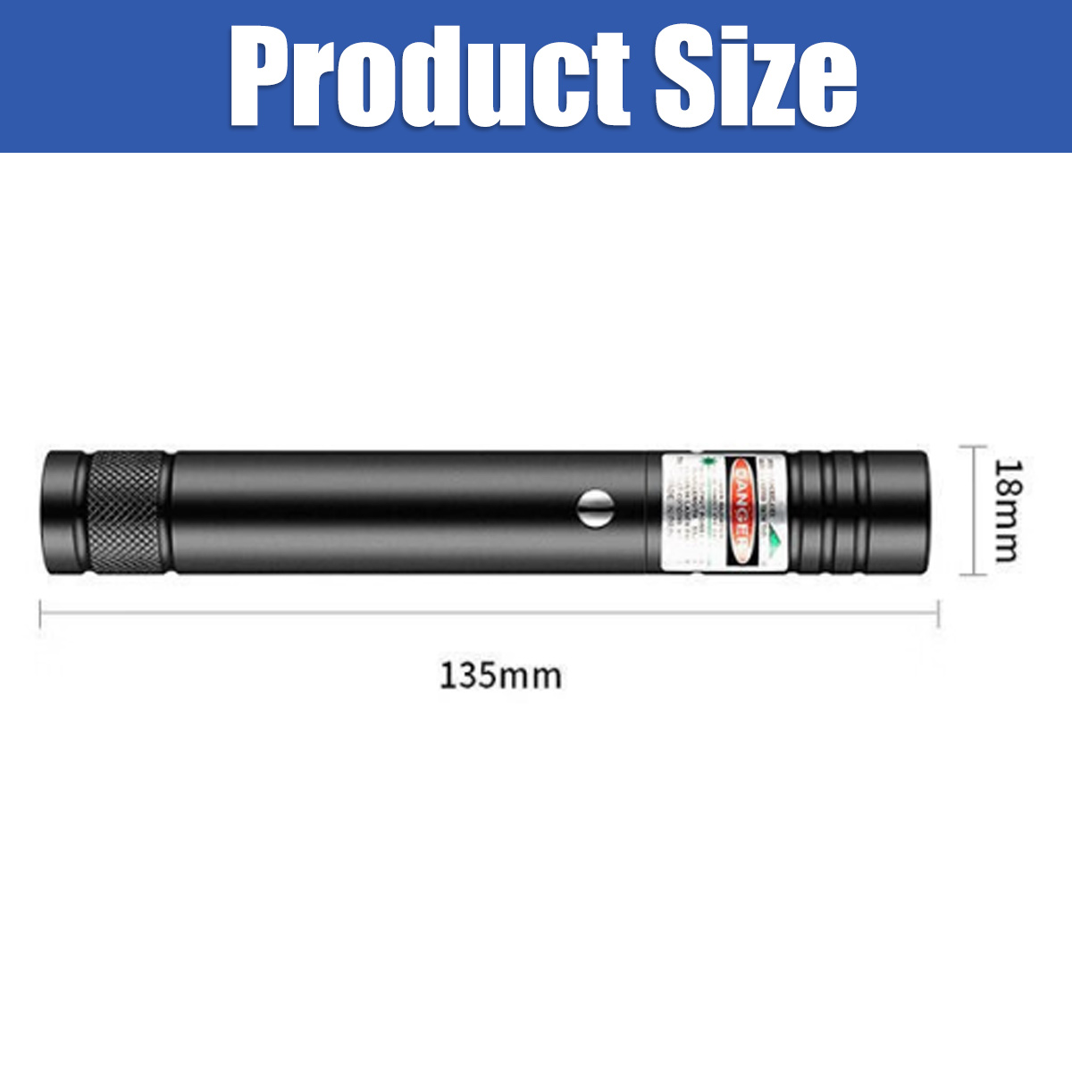 Schwarzer Laserpointer, 135mm lang, 18mm Durchmesser. Zeigt Produktabmessungen.