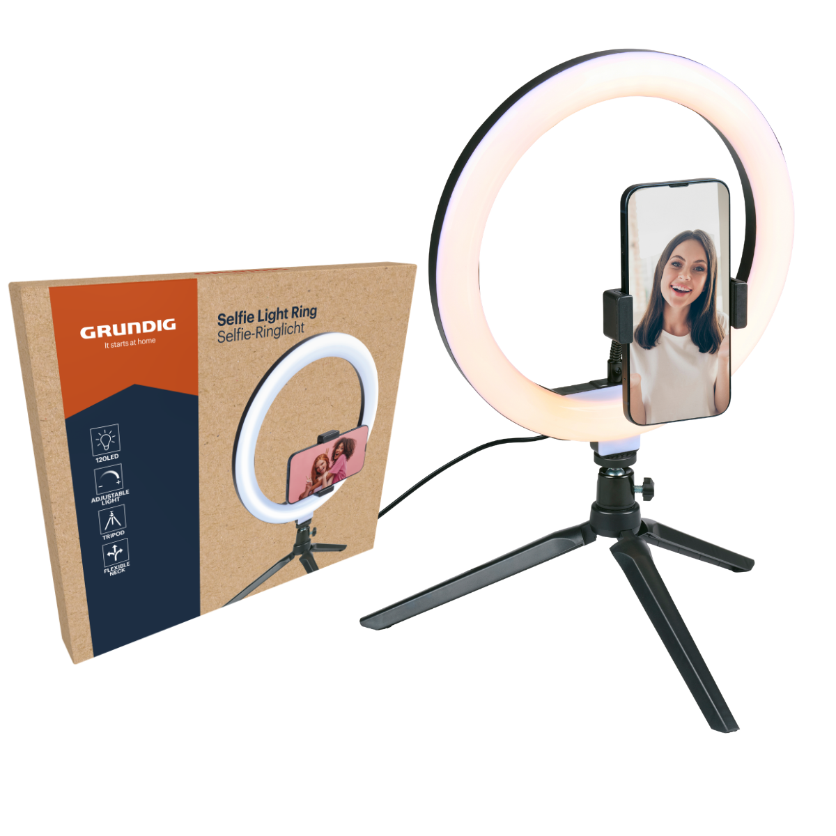 Een ringlamp met smartphonehouder op een statief, naast de verpakking.