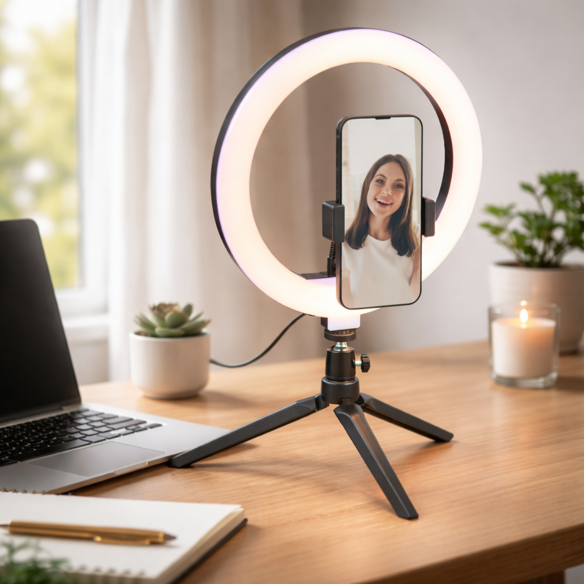 Een ringlamp met een smartphone waarop een lachende vrouw te zien is, op een bureau.