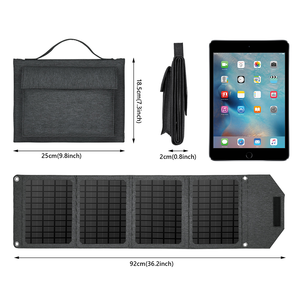Ein faltbares Solarpanel mit vier Segmenten und ein Tablet.