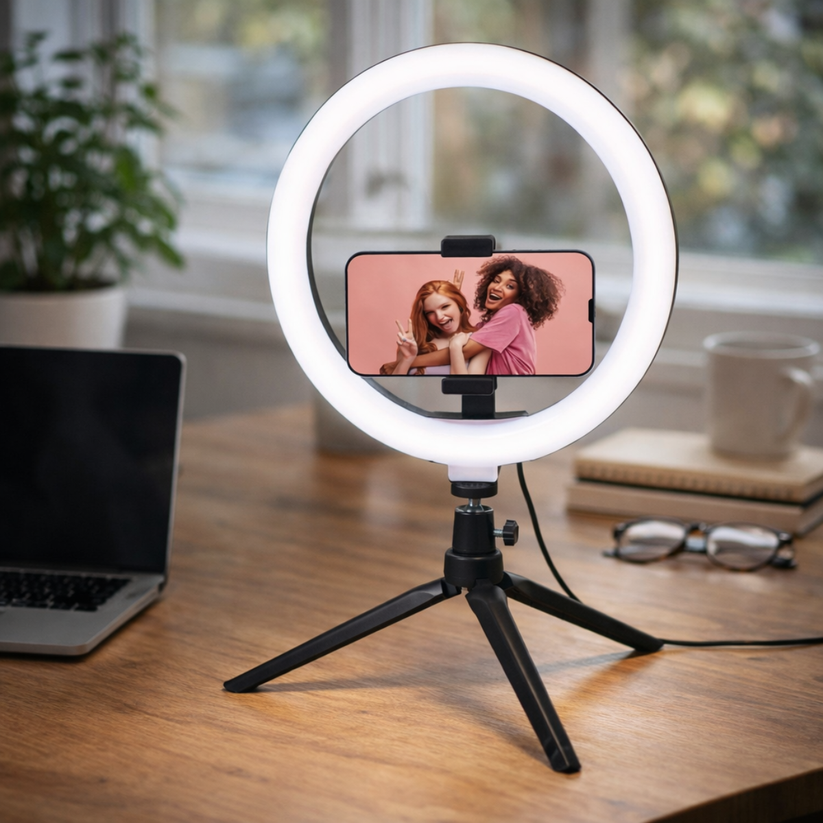 Ringlamp met telefoon waarop twee lachende vrouwen staan. Op een bureau.