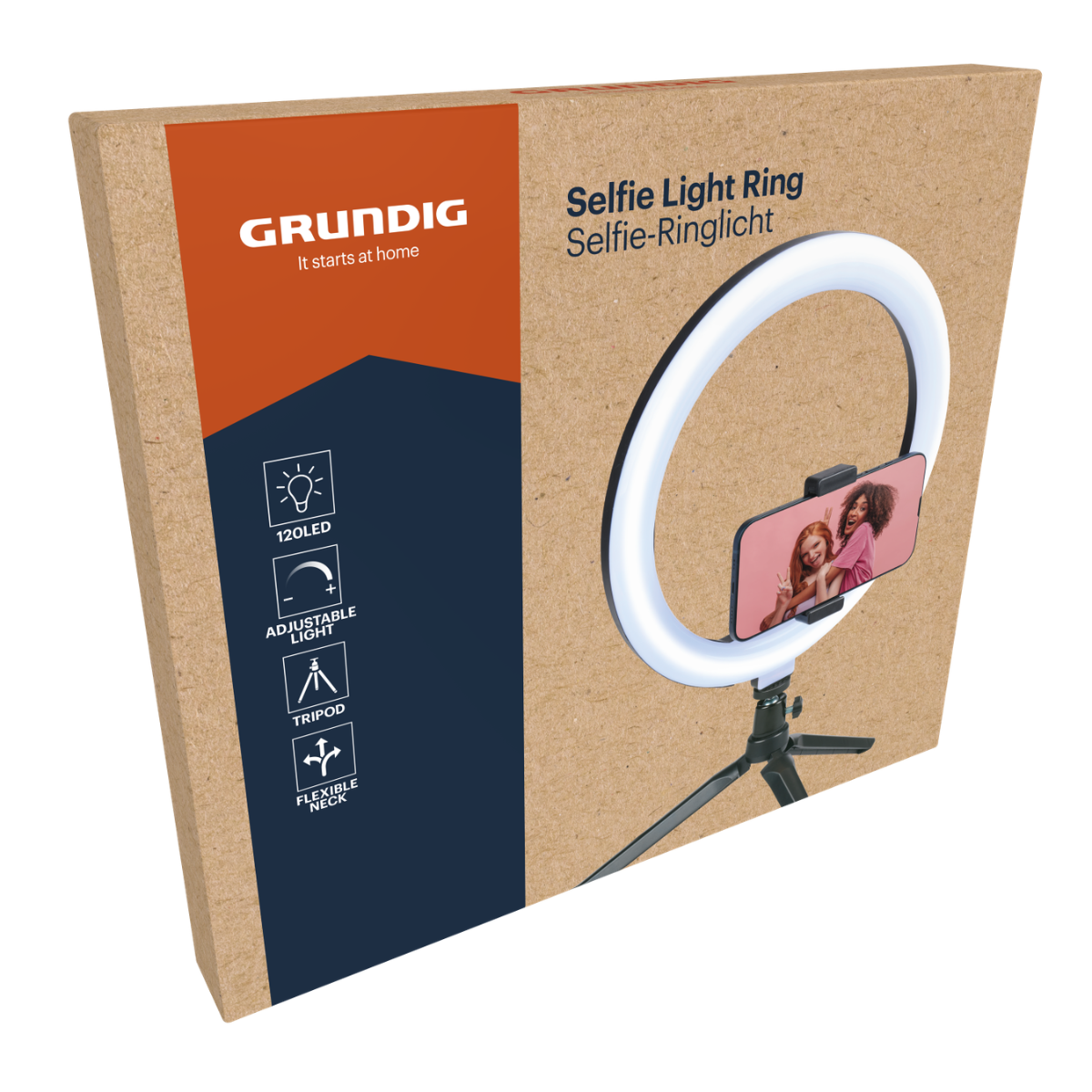 Verpakking van een GRUNDIG Selfie Light Ring met twee vrouwen op het telefoonscherm.