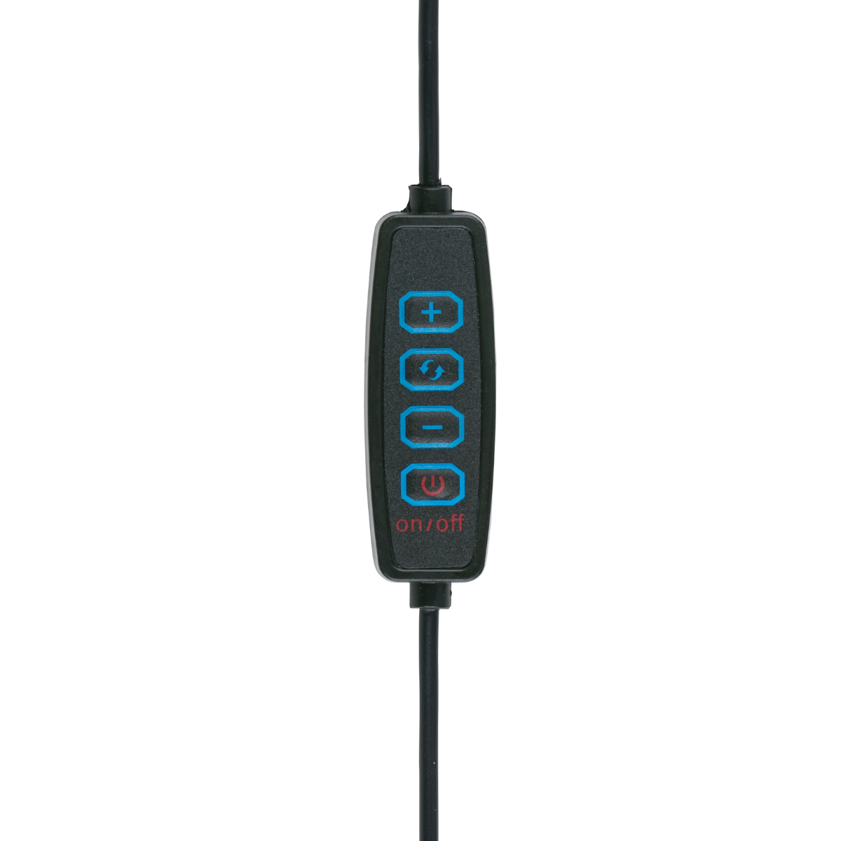 Een zwarte kabelcontroller met vier verlichte knoppen: plus, min, modus en aan/uit.