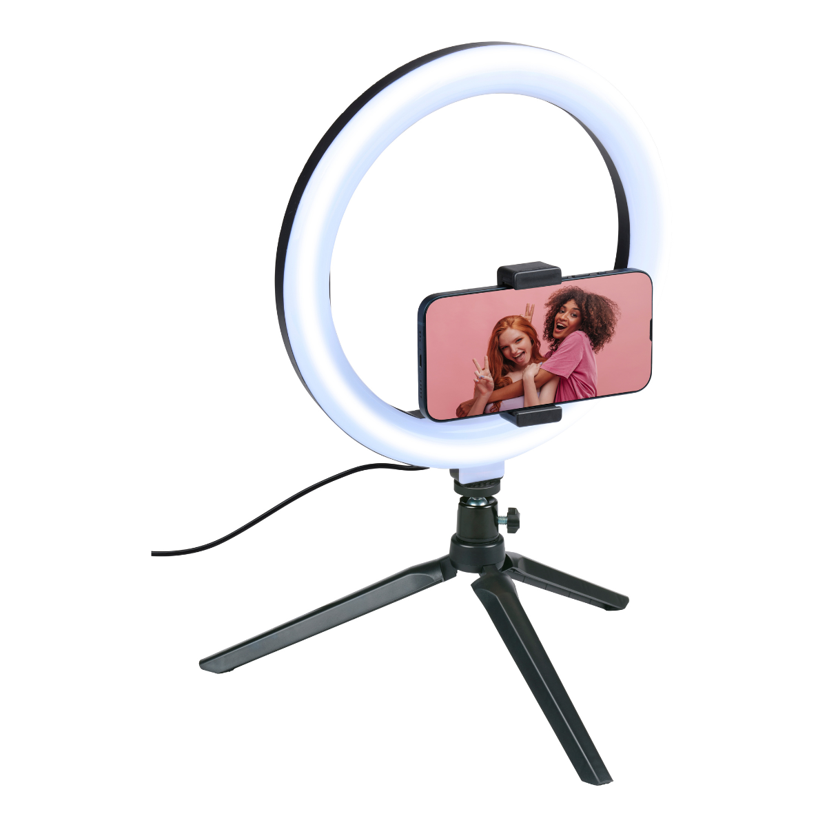 Ringlamp met telefoonhouder, toont twee lachende vrouwen op het scherm.