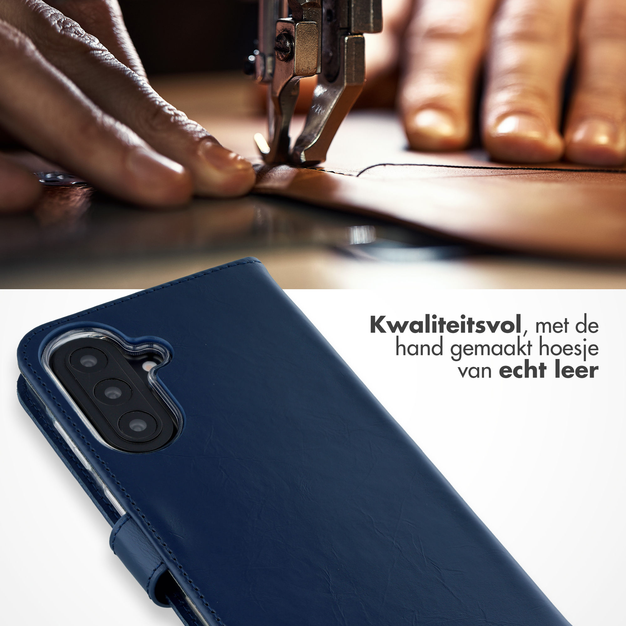 Handen naaien leer met machine. Blauwe leren telefoonhoes.