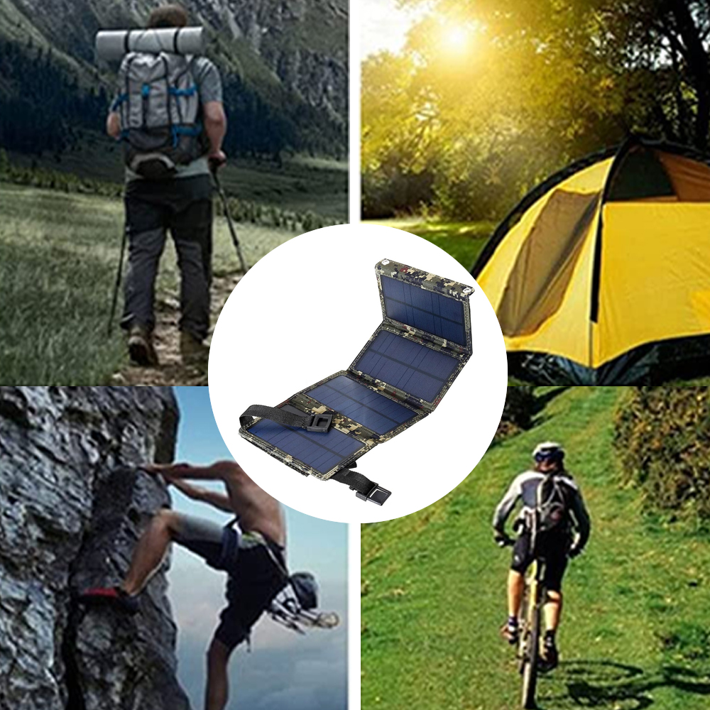 Collage von Outdoor-Aktivitäten: Wandern, Camping, Klettern, Radfahren und ein Solarladegerät.