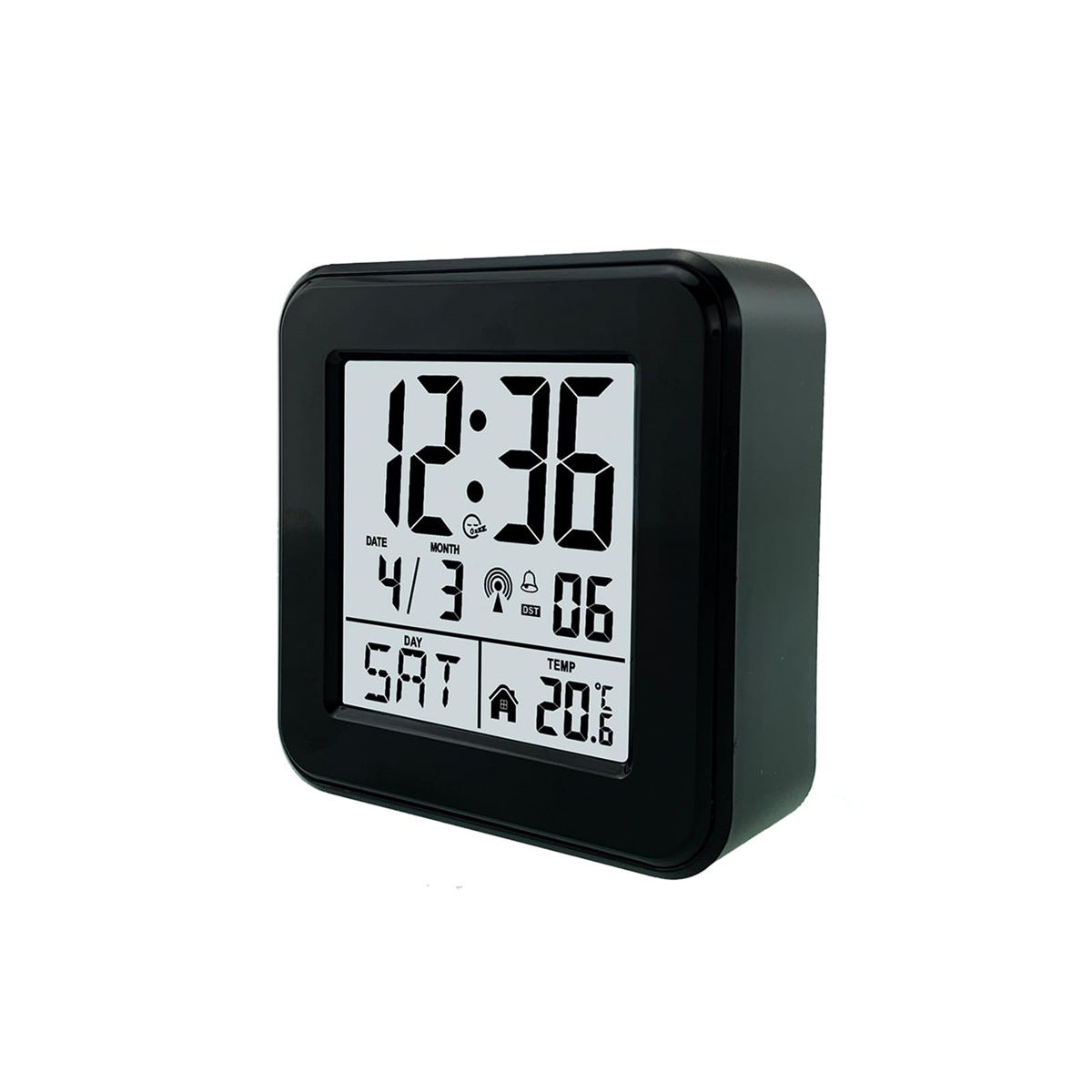 Ein schwarzer Digitalwecker zeigt 12:36, Datum 4/3, Tag Samstag, Temperatur 20,6°C.