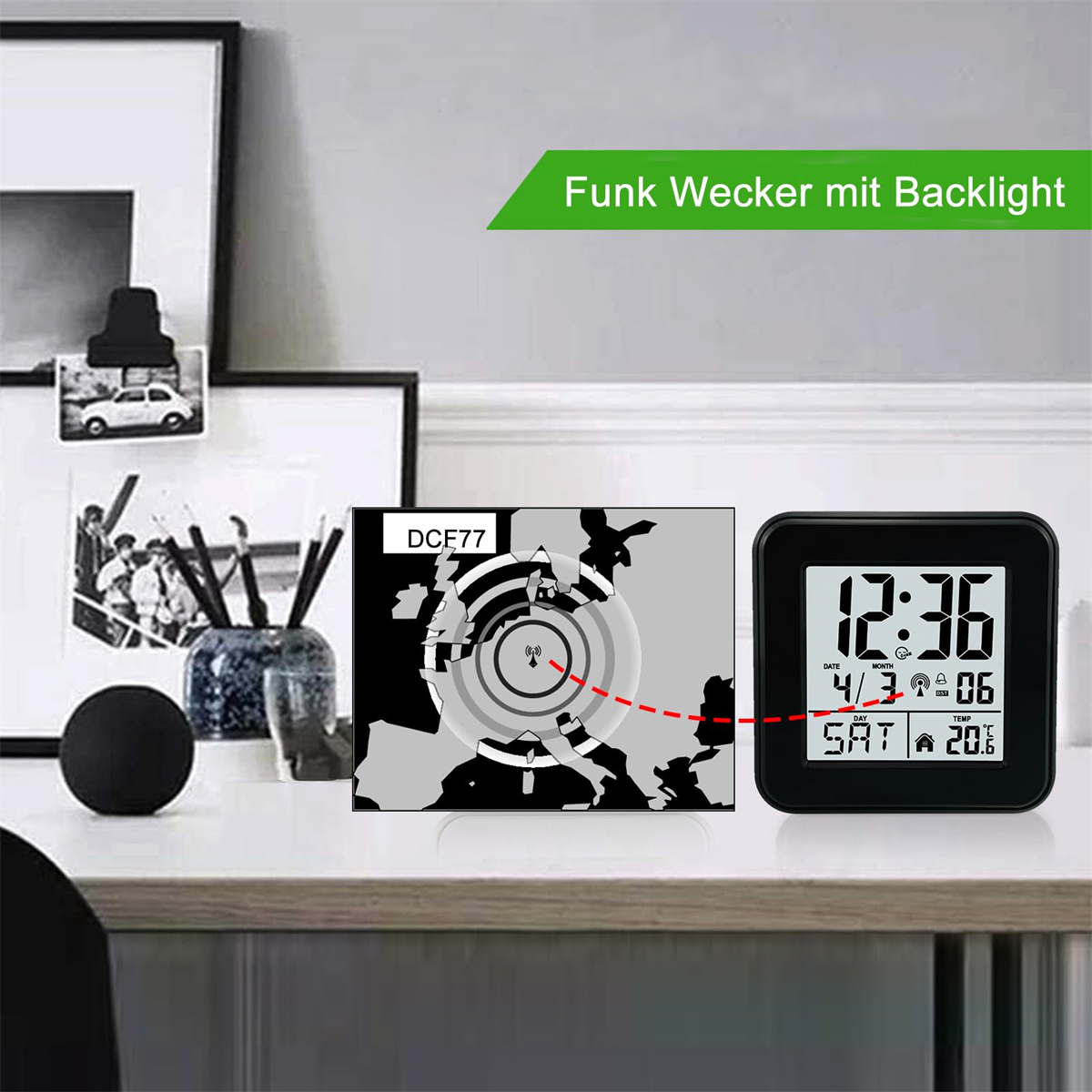 Digitaluhr zeigt 12:36 Uhr, Datum 4/3, Tag Sa, Temperatur 20°C.