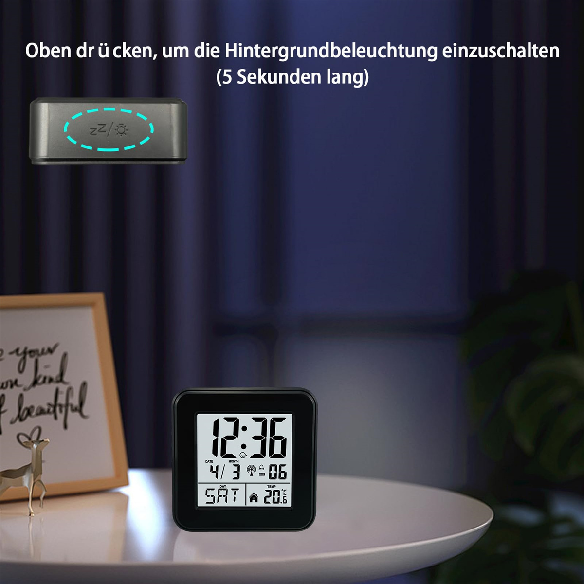 Digitaluhr zeigt 12:36, Datum 4/3, Tag Samstag, Temperatur 20.6°C.