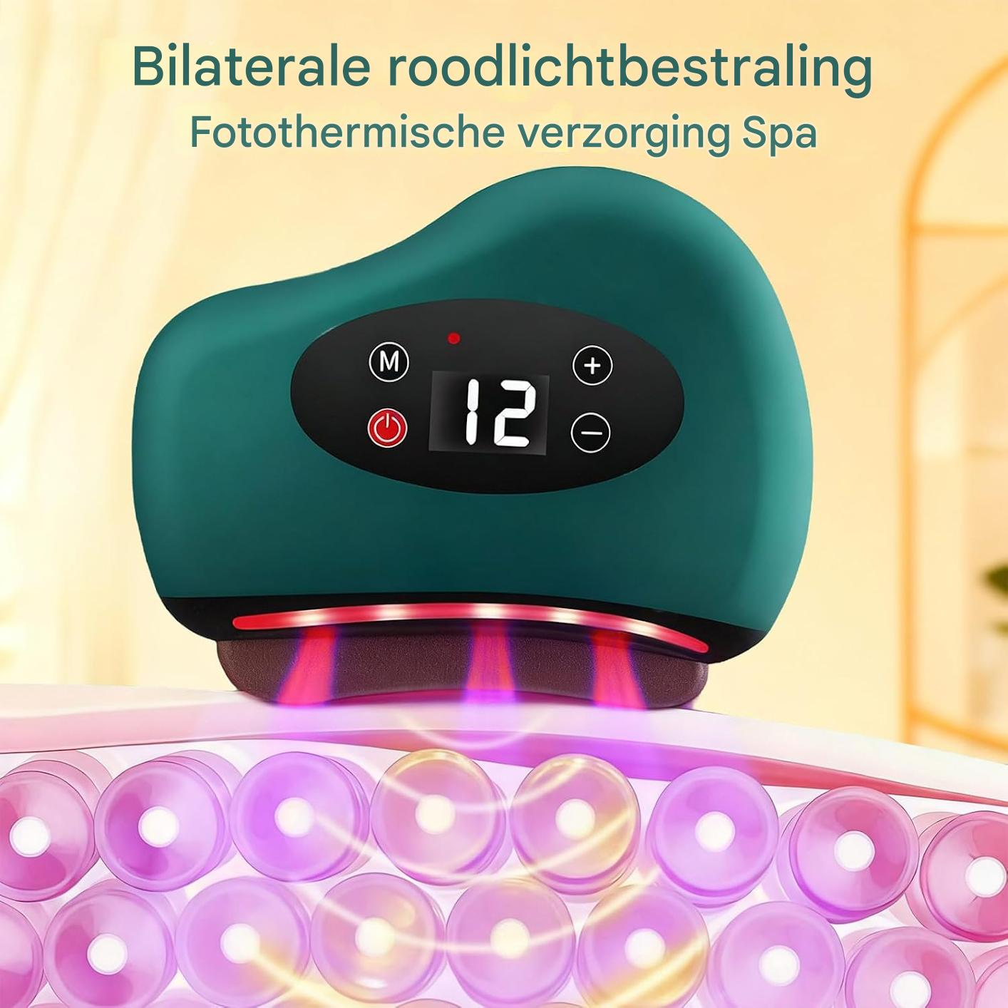 Ein grünes Gerät mit rotem Lichtstrahl über einem rosa Rollenmuster.