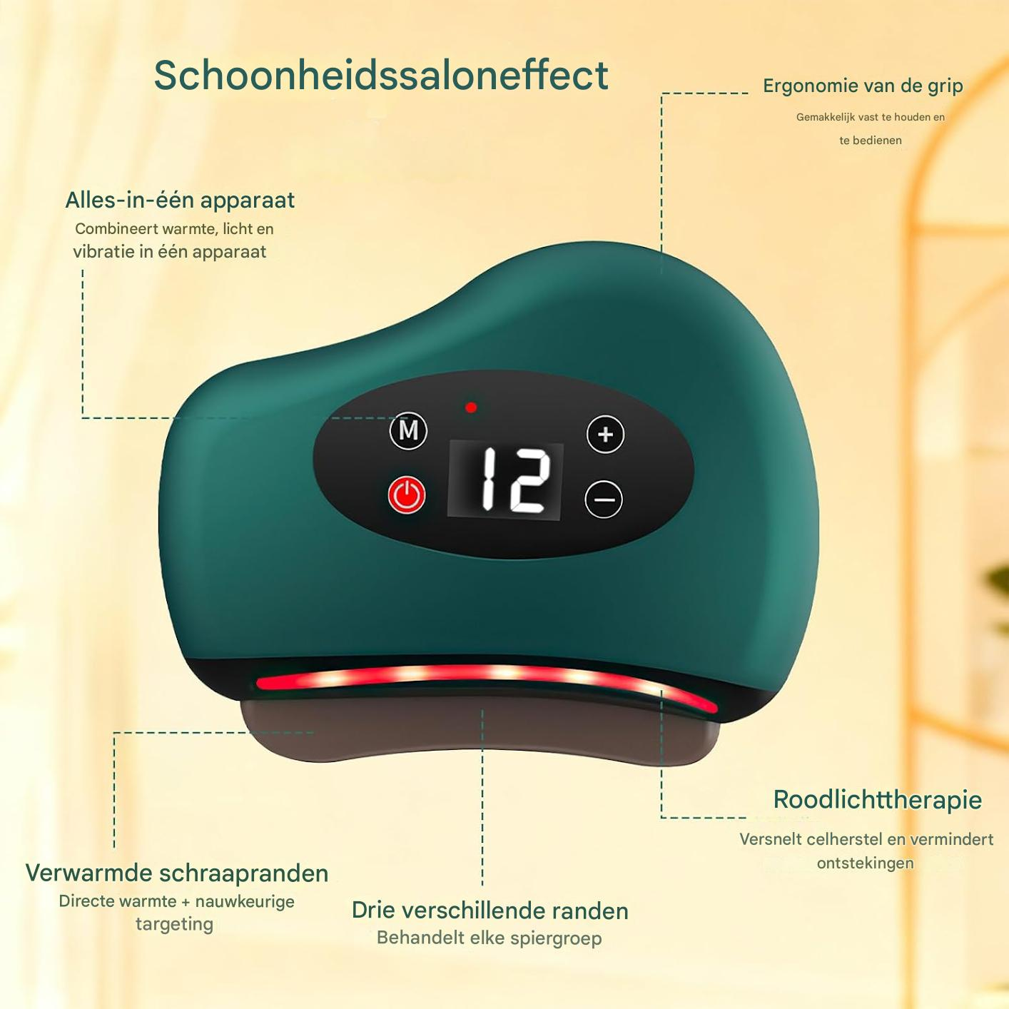 Ein tiefgrünes Massagegerät mit digitaler Anzeige und roten Lichtern.