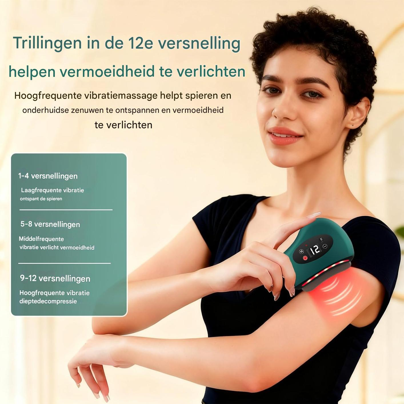 Eine Frau benutzt eine grüne Massagepistole mit roter Vibration auf ihrem Arm.