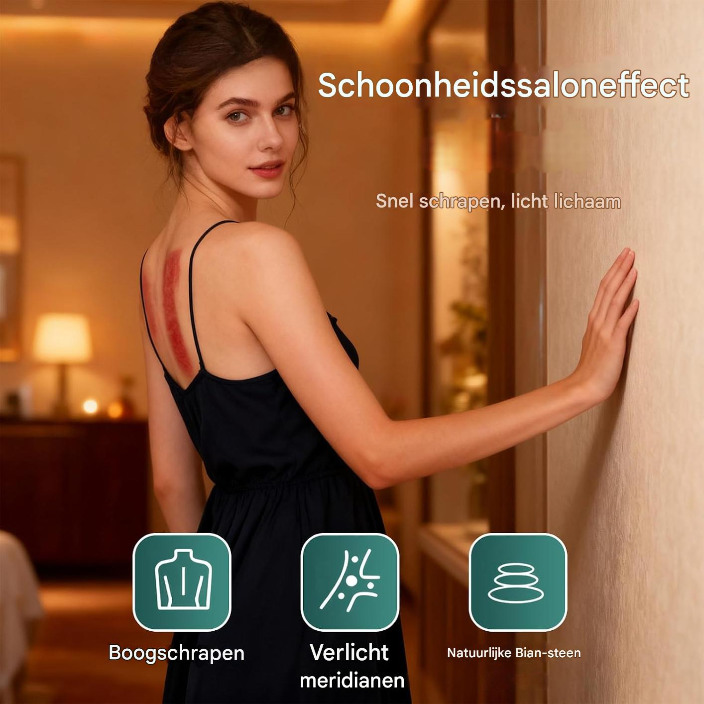 Frau mit roten Flecken auf dem Rücken, Text über Kosmetikstudio-Effekt.