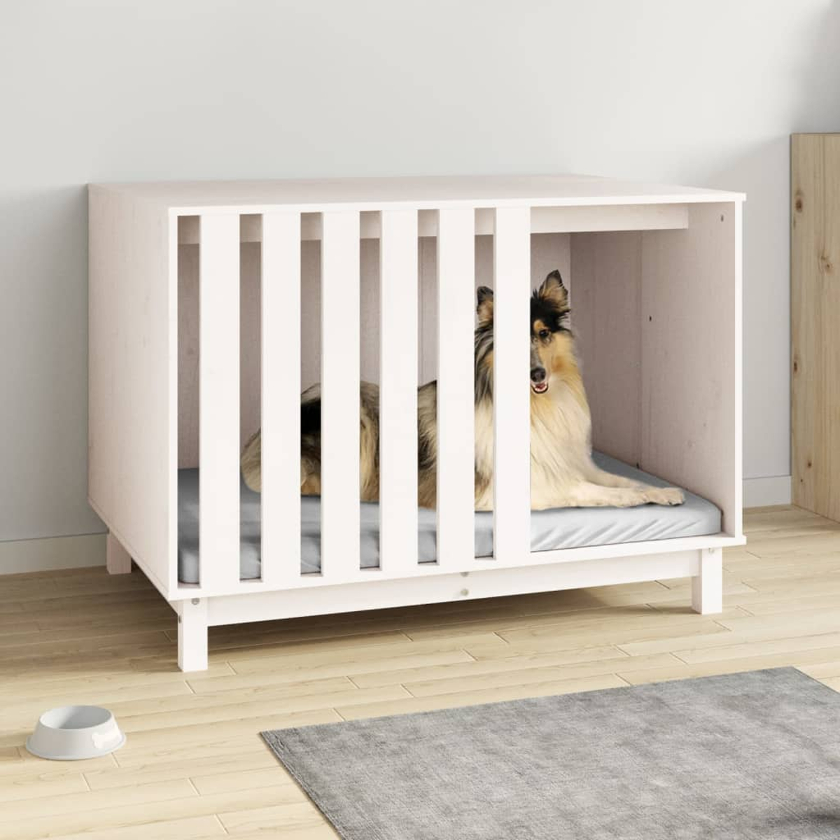 Ein Collie liegt in einer weißen Hundebox mit grauer Liegefläche.
