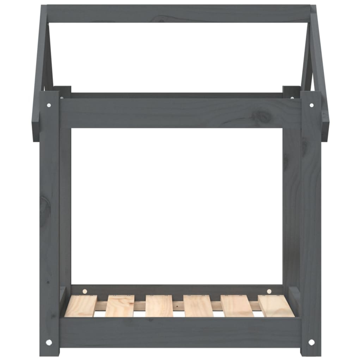 Graues Hausbettgestell aus Holz mit Lattenrost.