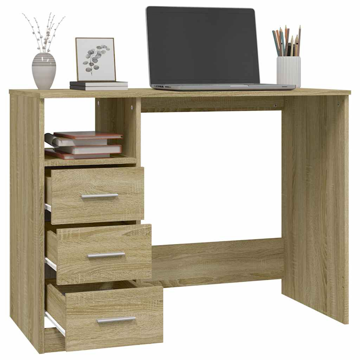 Ein heller Schreibtisch aus Holz mit Laptop, Büchern und Kunstbedarf. Schubladen sind offen.