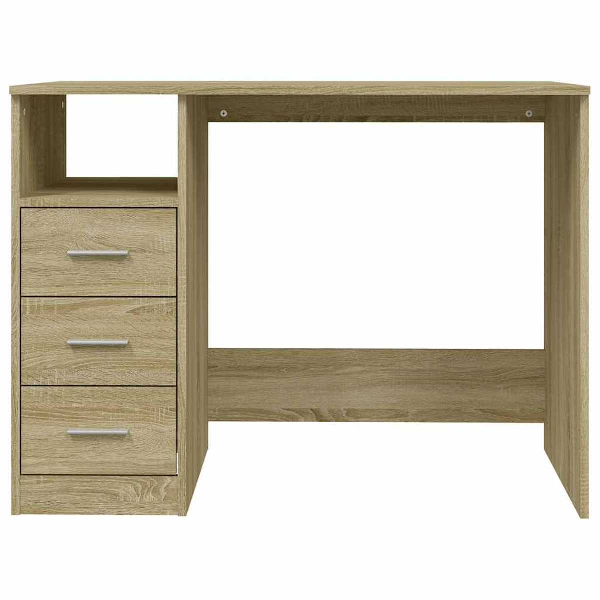 Ein heller Holzschreibtisch mit drei Schubladen links und einer offenen Ablagefläche.