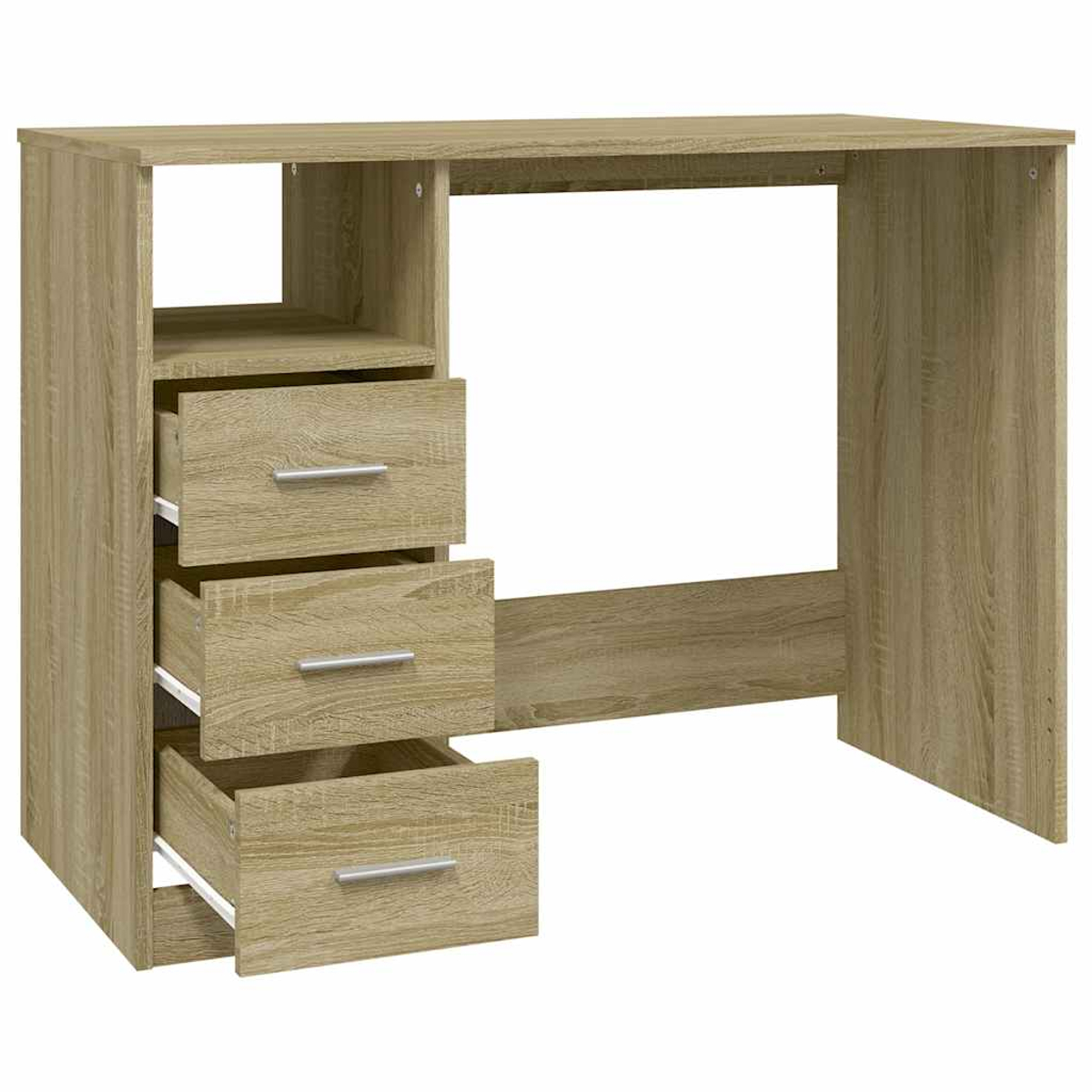 Ein hölzerner Schreibtisch mit drei Schubladen und einem offenen Fach.