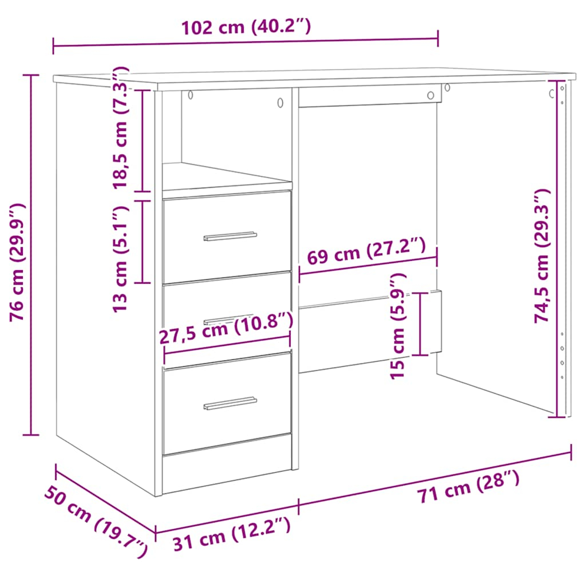 Zeichnung eines Schreibtisches mit Maßen. Höhe 76 cm, Breite 102 cm, Tiefe 50 cm.