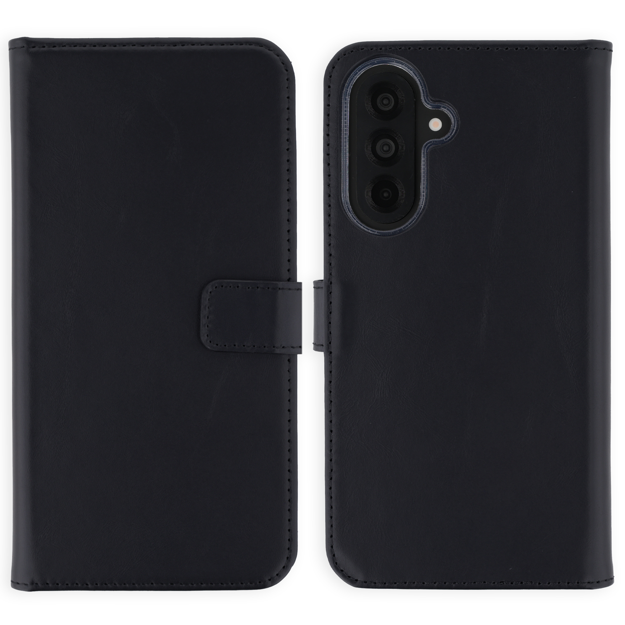 Zwarte flipcase voor telefoon met drie cameralenzen aan de achterkant.