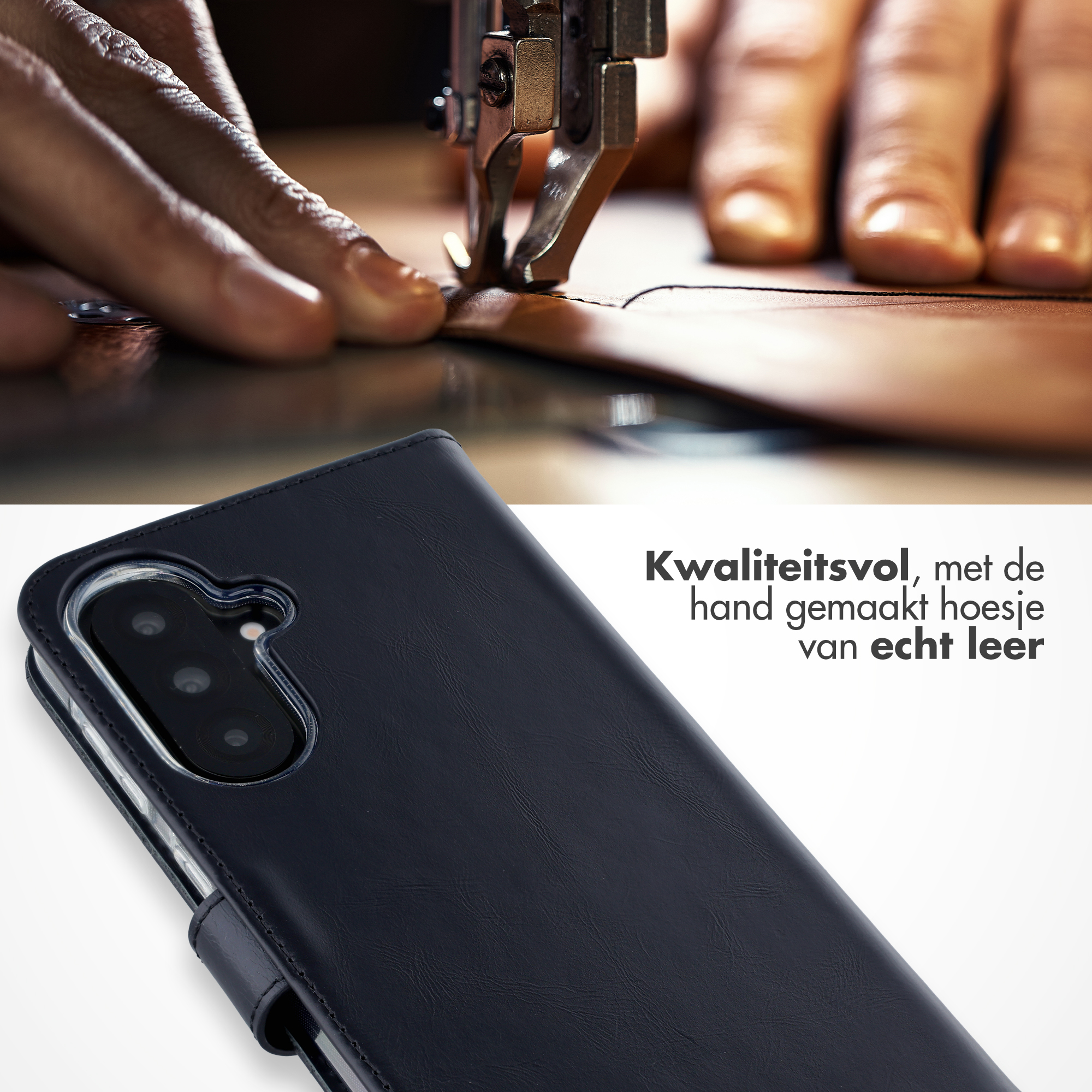 Handen naaien leer met naaimachine, leren telefoonhoesje.