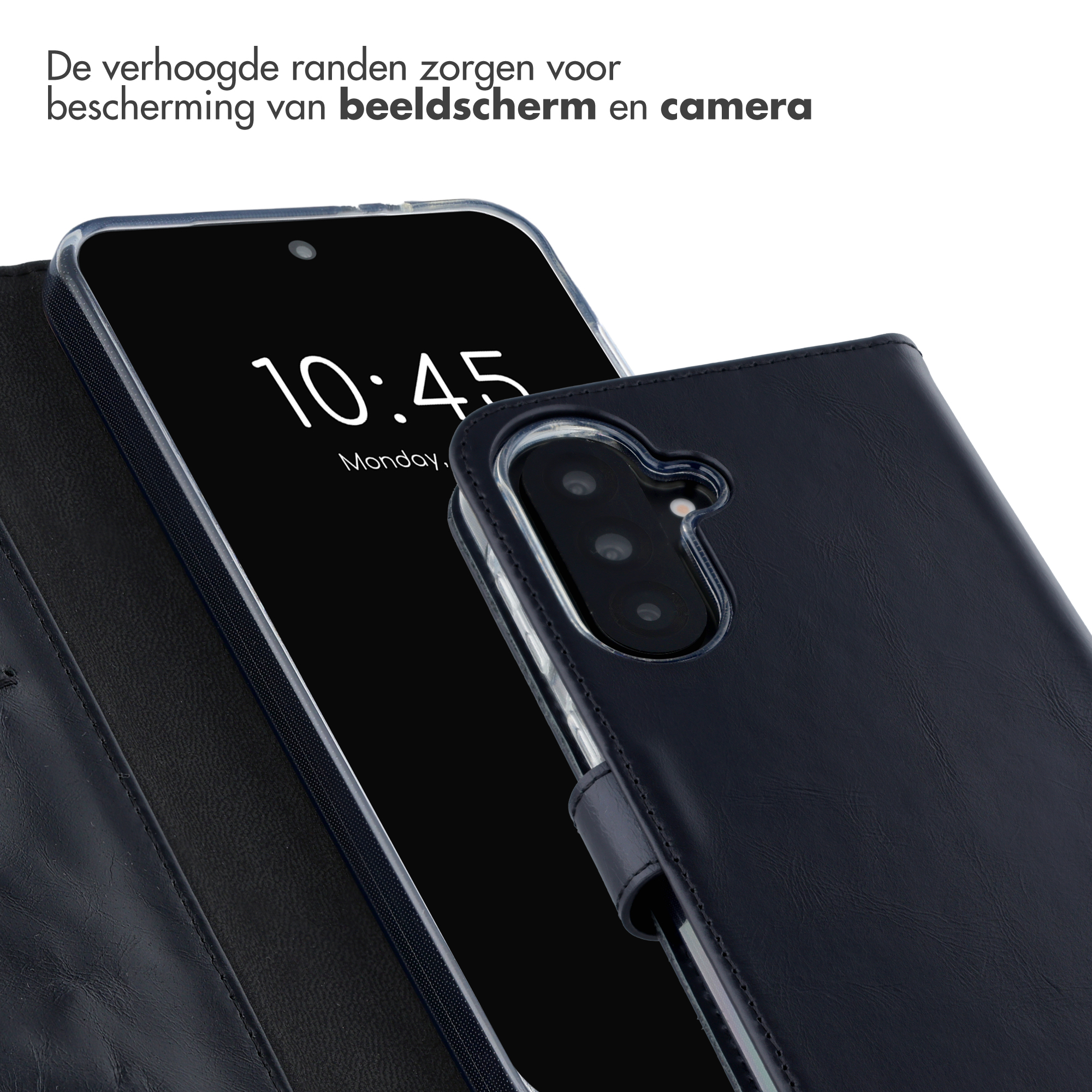 Een donkere telefoonhoes beschermt een smartphone die 10:45 toont.